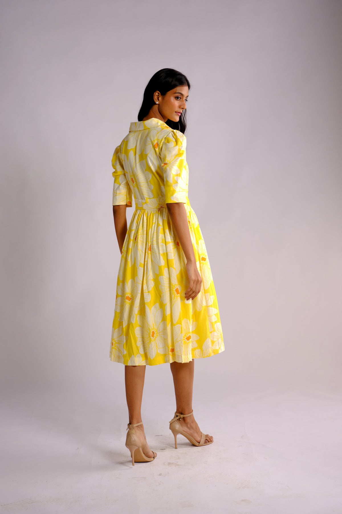 August Dress - Yellow Floral Embroidered Shirt Dress