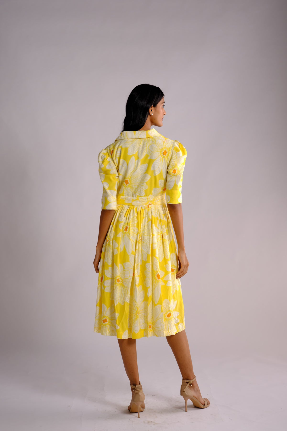 August Dress - Yellow Floral Embroidered Shirt Dress