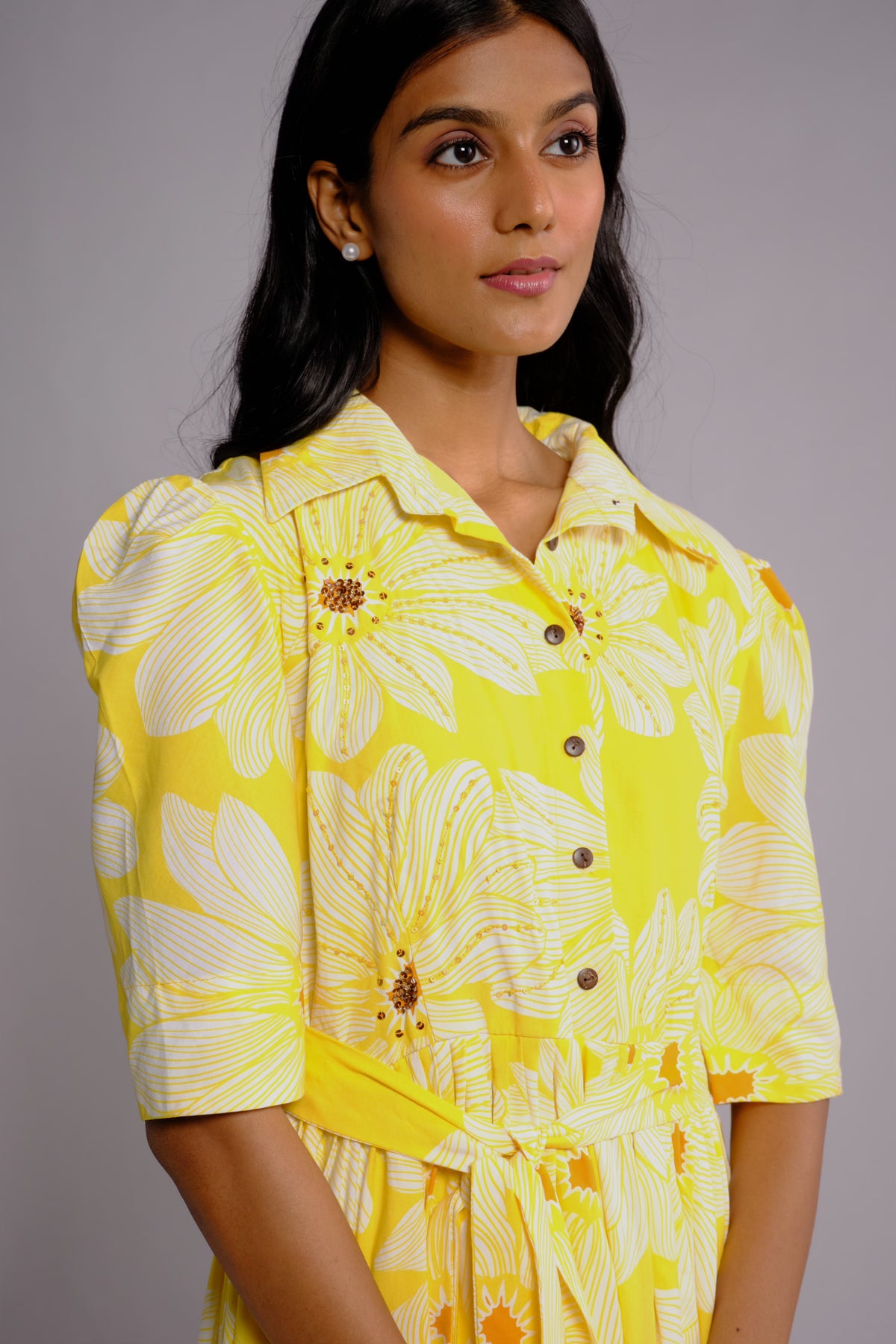 August Dress - Yellow Floral Embroidered Shirt Dress