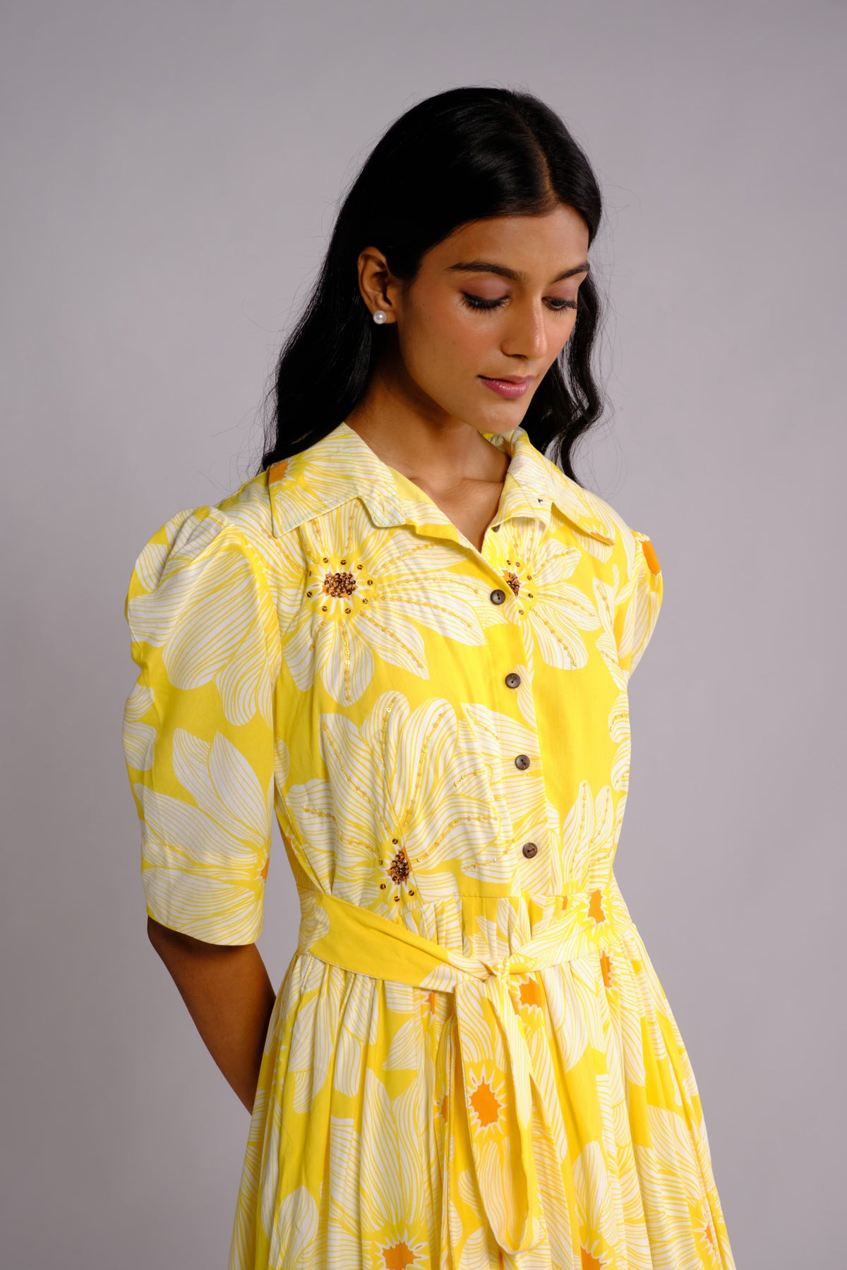 August Dress - Yellow Floral Embroidered Shirt Dress