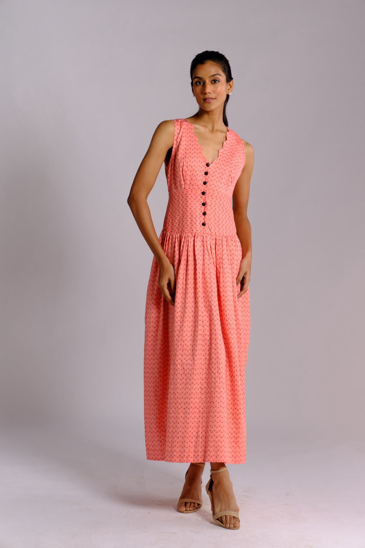 Abby Dress - Pink Drop Waist Long Dress with Scalloped Neckline