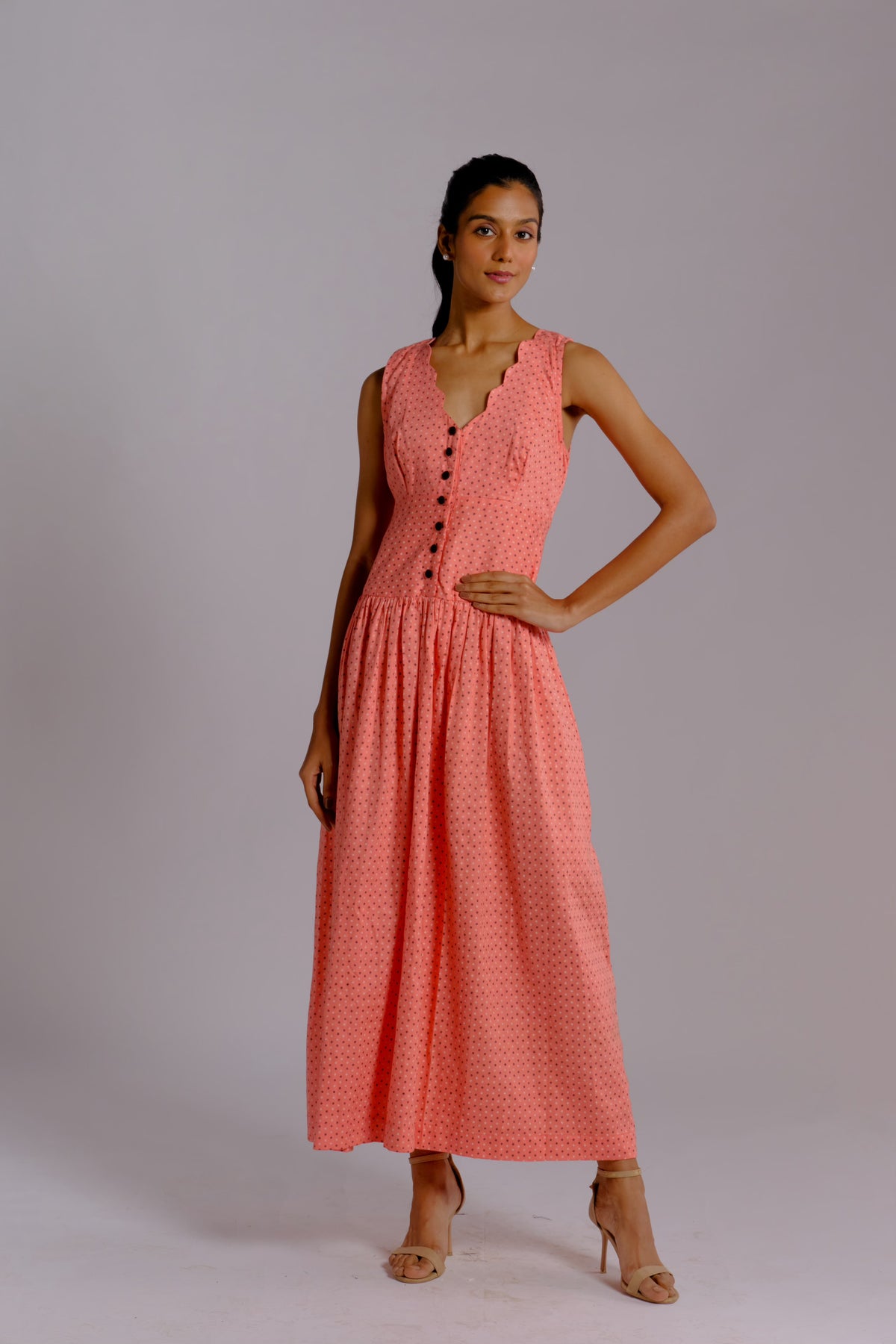 Abby Dress - Pink Drop Waist Long Dress with Scalloped Neckline