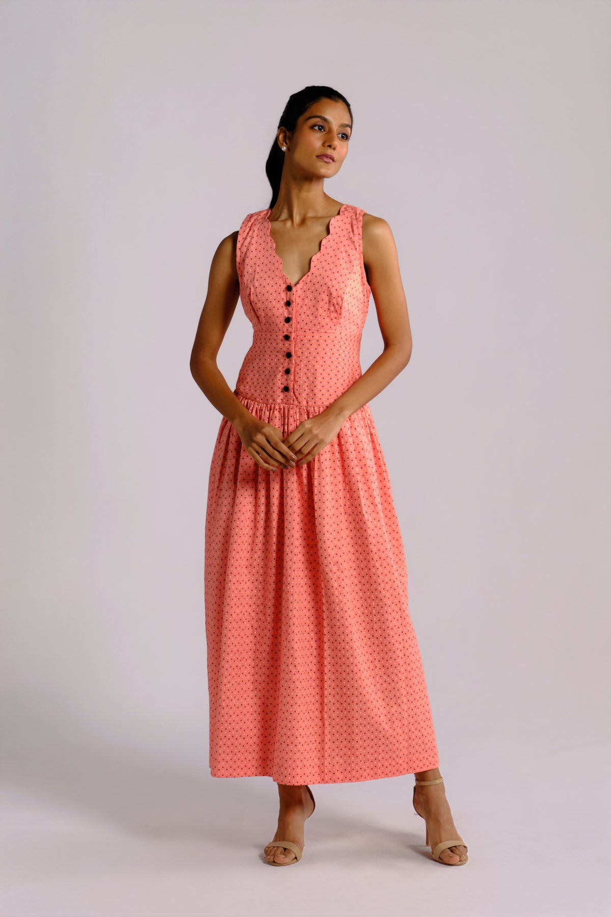 Abby Dress - Pink Drop Waist Long Dress with Scalloped Neckline