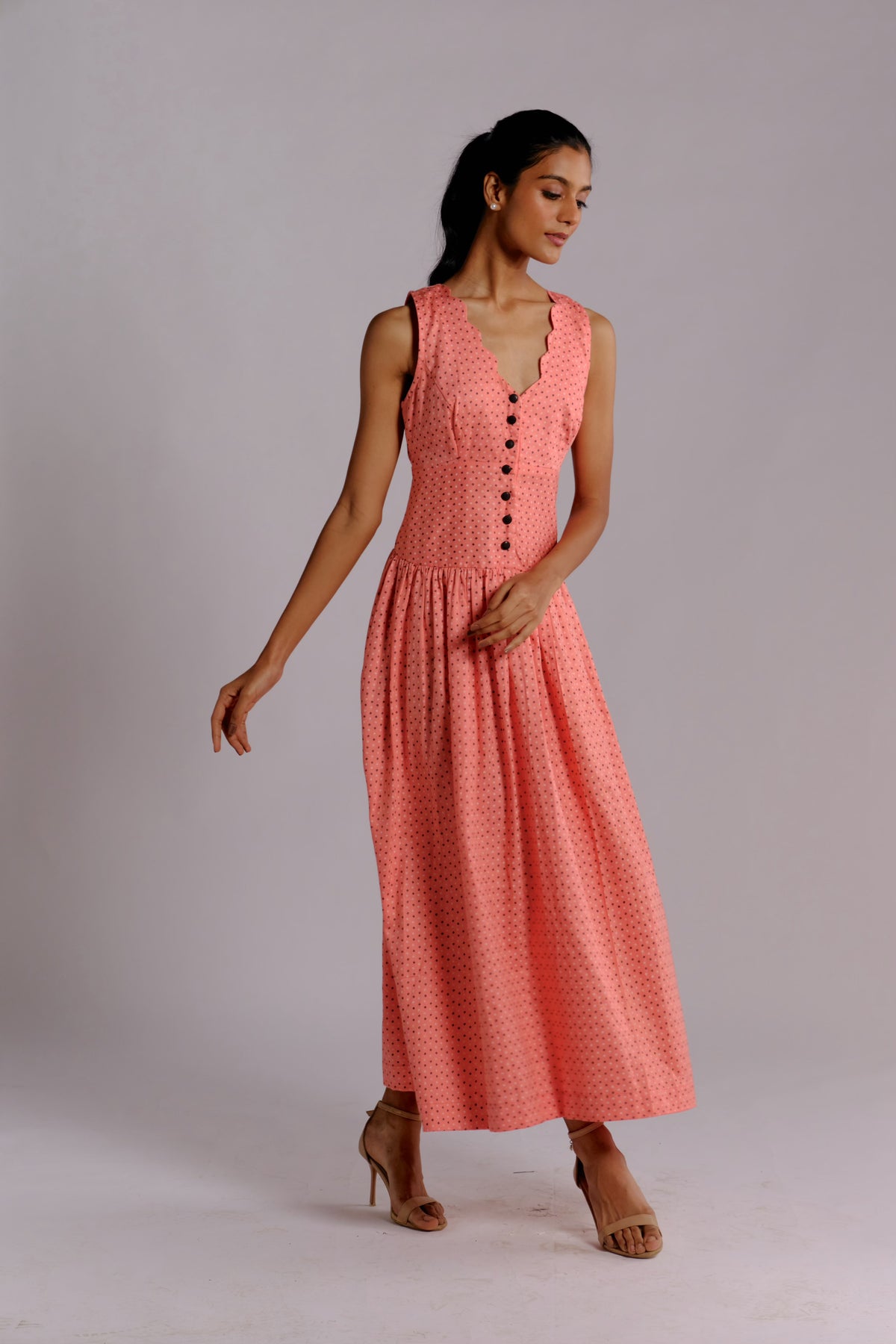 Abby Dress - Pink Drop Waist Long Dress with Scalloped Neckline