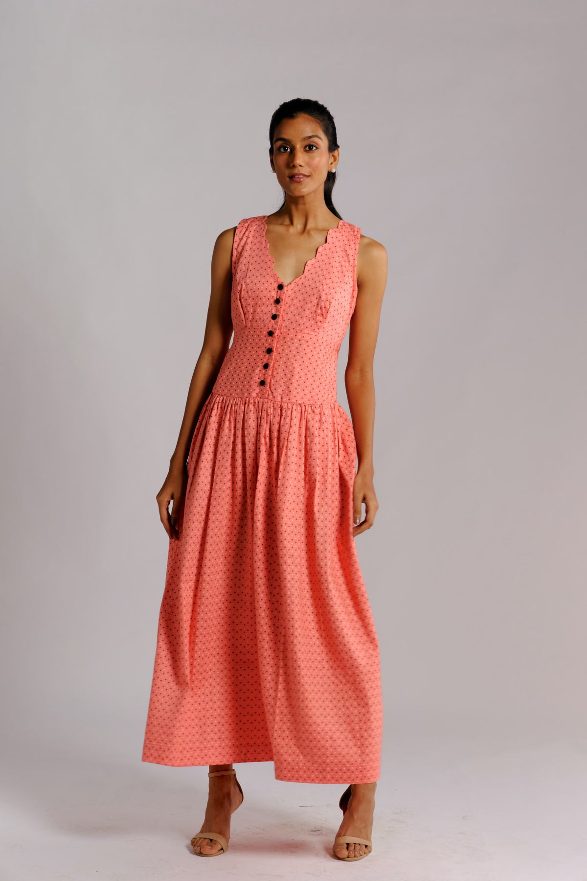 Abby Dress - Pink Drop Waist Long Dress with Scalloped Neckline