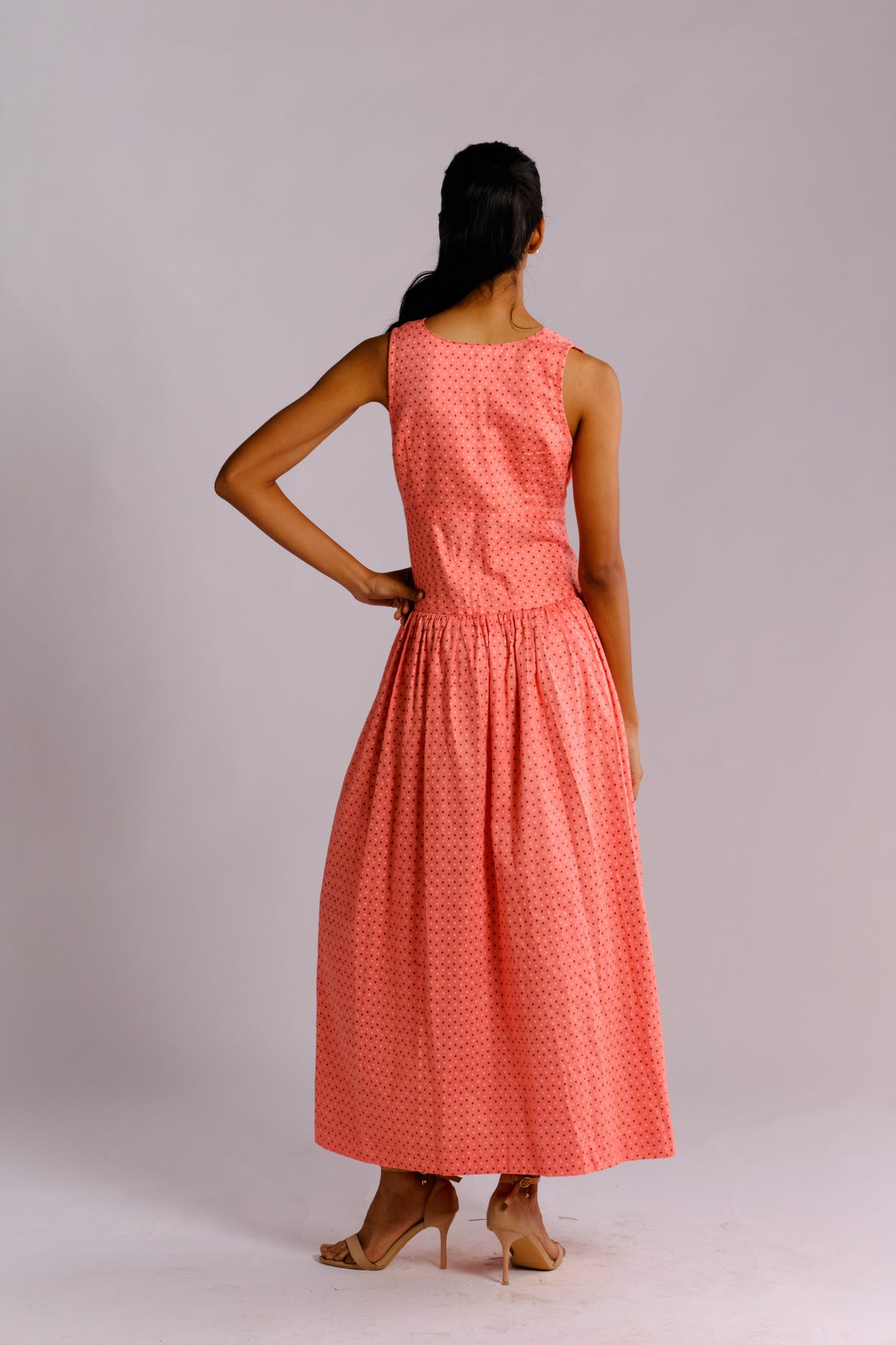 Abby Dress - Pink Drop Waist Long Dress with Scalloped Neckline
