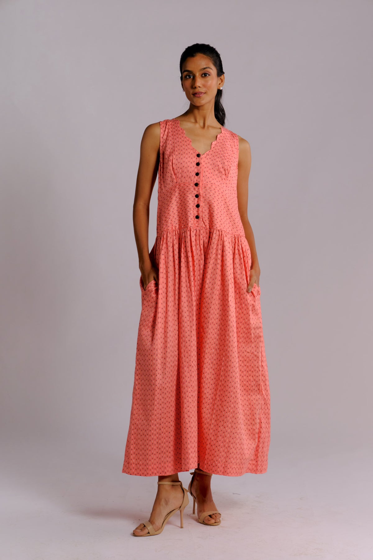 Abby Dress - Pink Drop Waist Long Dress with Scalloped Neckline