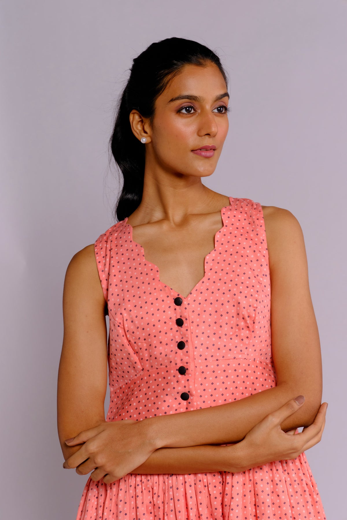 Abby Dress - Pink Drop Waist Long Dress with Scalloped Neckline