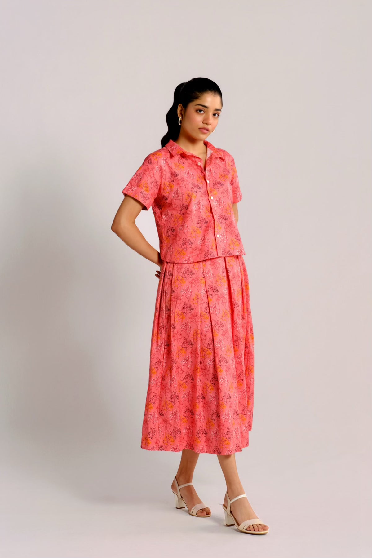 Jeena Set - Peach Printed Pleated Skirt and Shirt Set