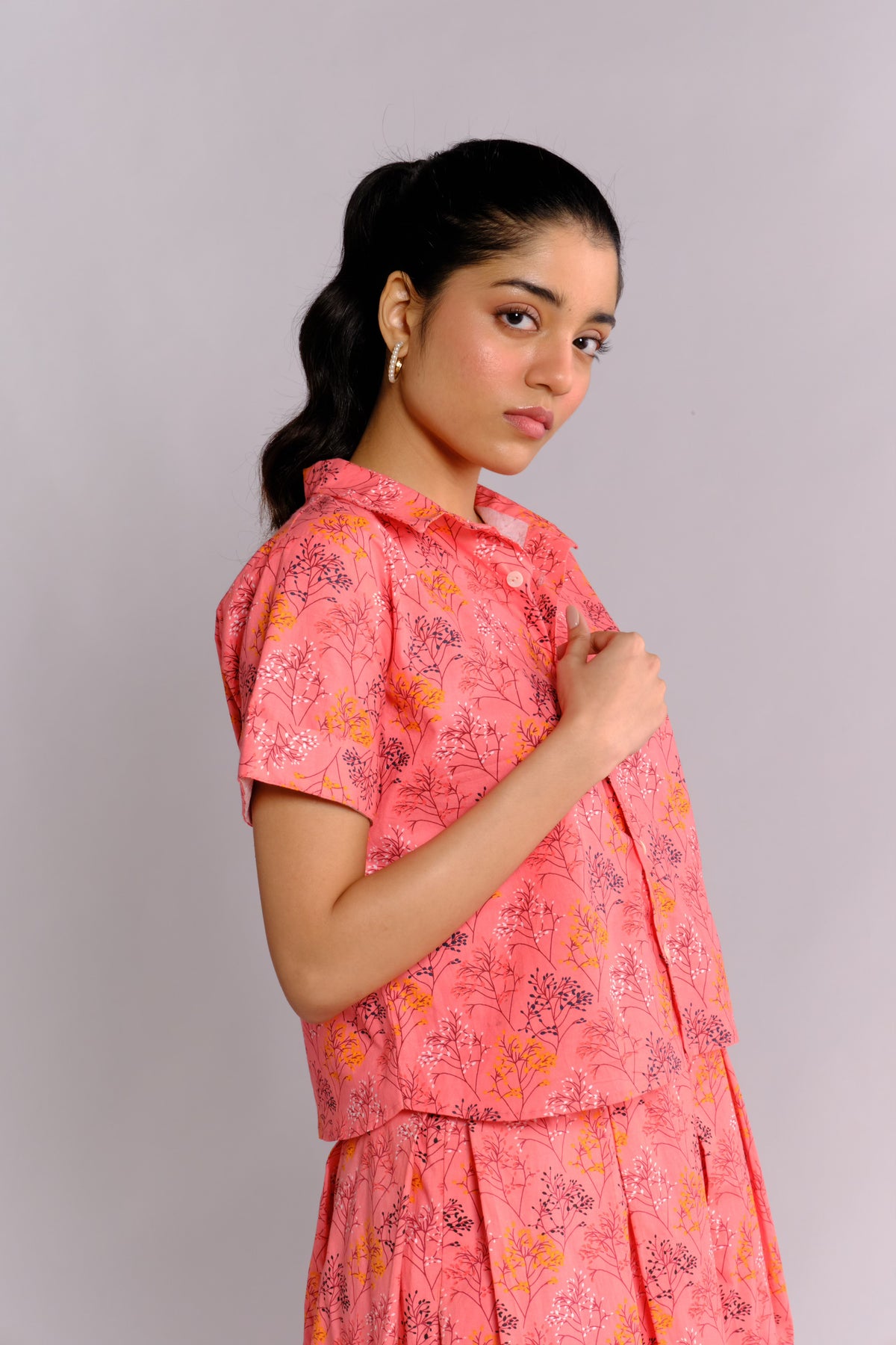 Jeena Shirt - Peach Printed Button Down Shirt