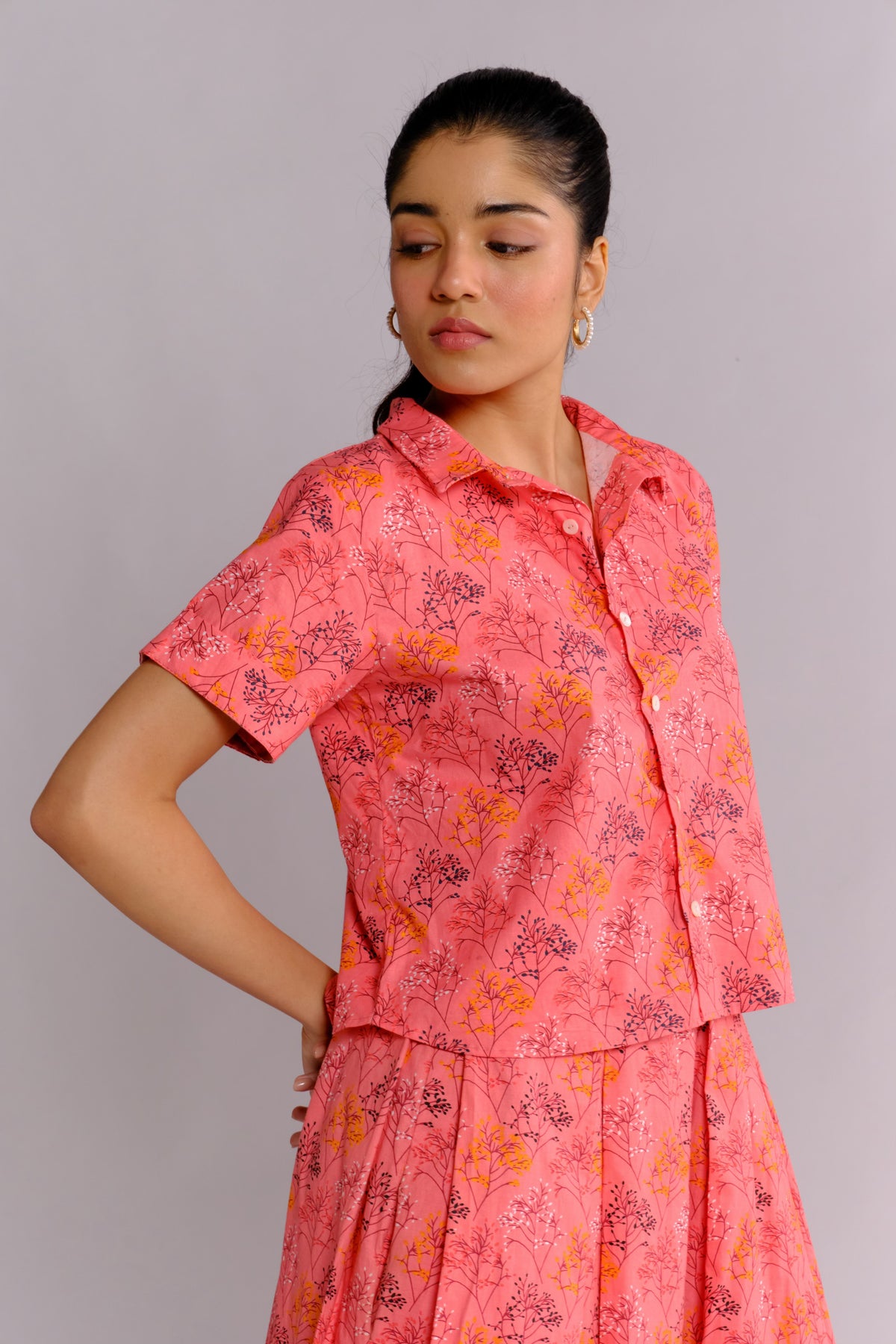 Jeena Set - Peach Printed Pleated Skirt and Shirt Set