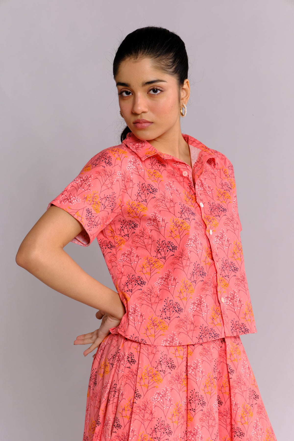 Jeena Shirt - Peach Printed Button Down Shirt