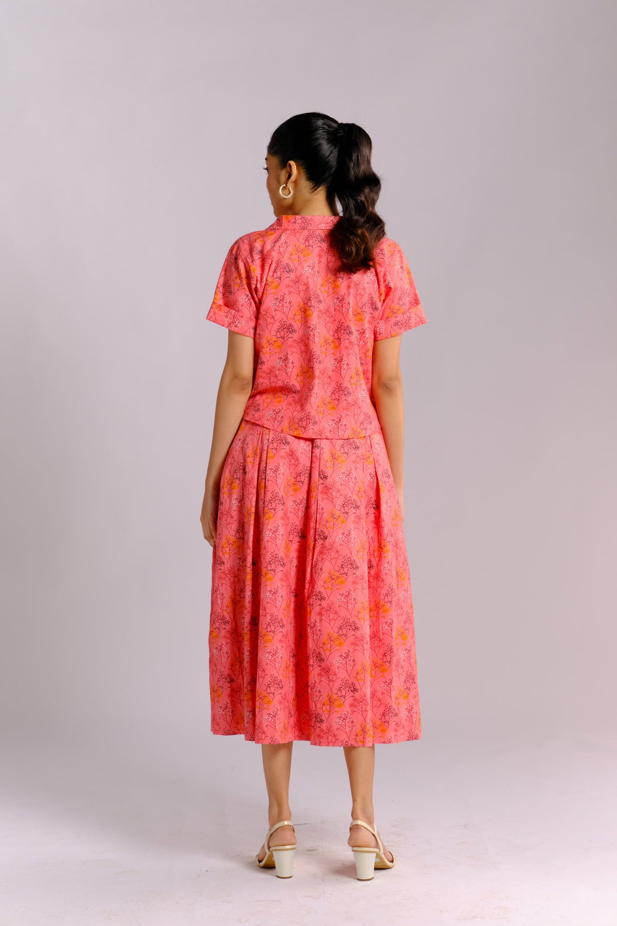Jeena Set - Peach Printed Pleated Skirt and Shirt Set