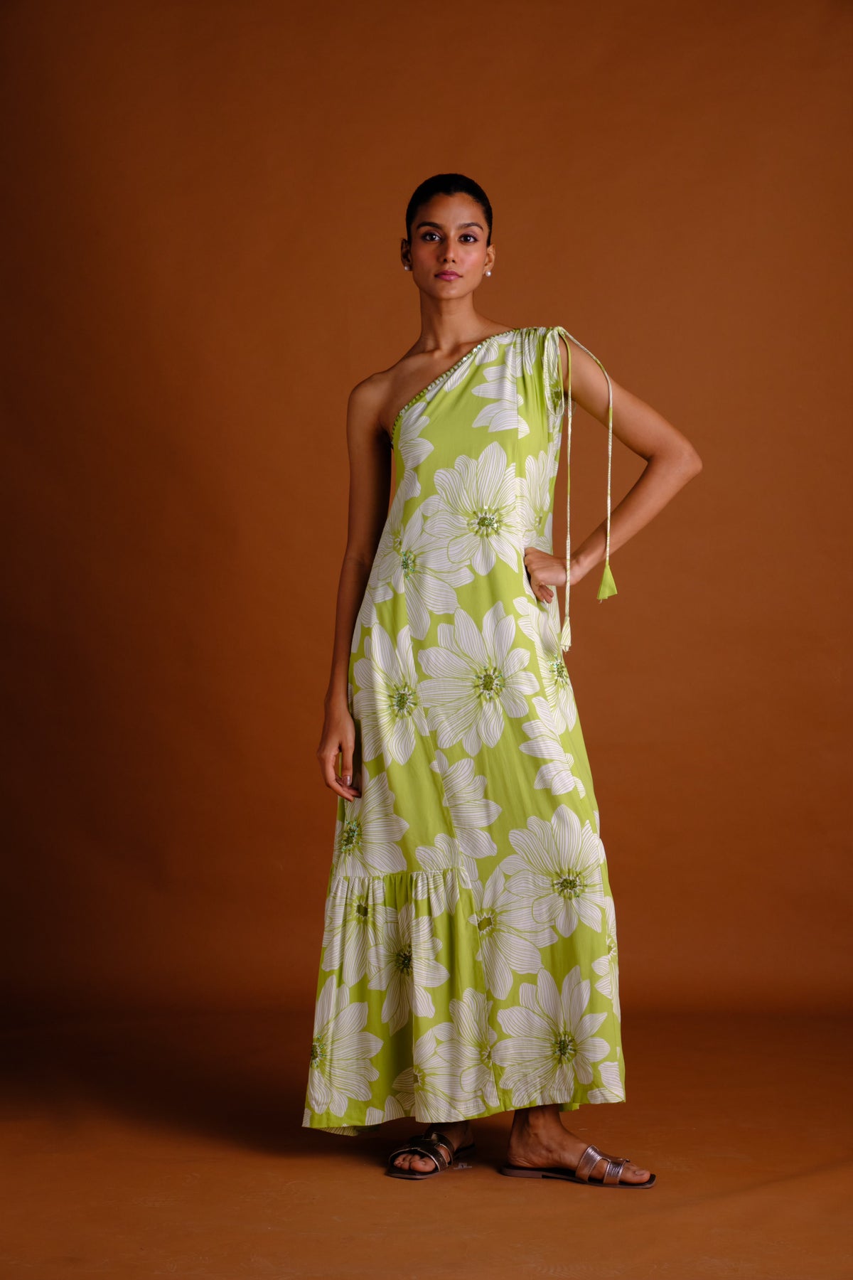 Isabel Dress - Green Embroidered One Shoulder Long Dress