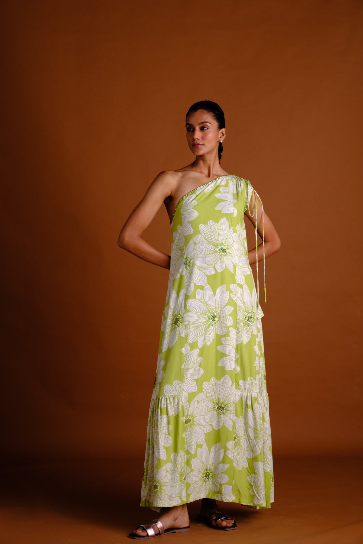 Isabel Dress - Green Embroidered One Shoulder Long Dress