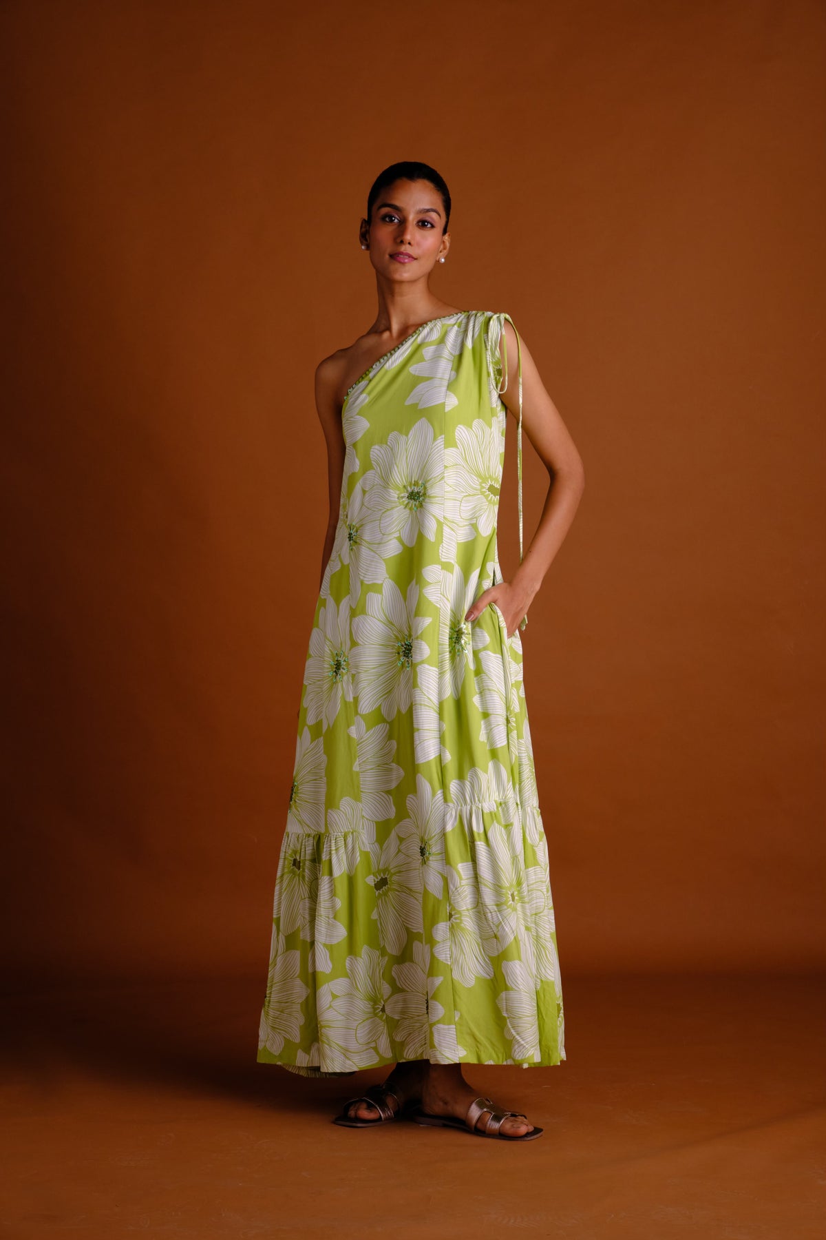 Isabel Dress - Green Embroidered One Shoulder Long Dress