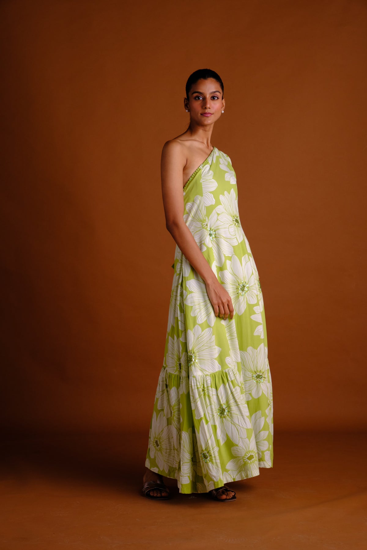 Isabel Dress - Green Embroidered One Shoulder Long Dress