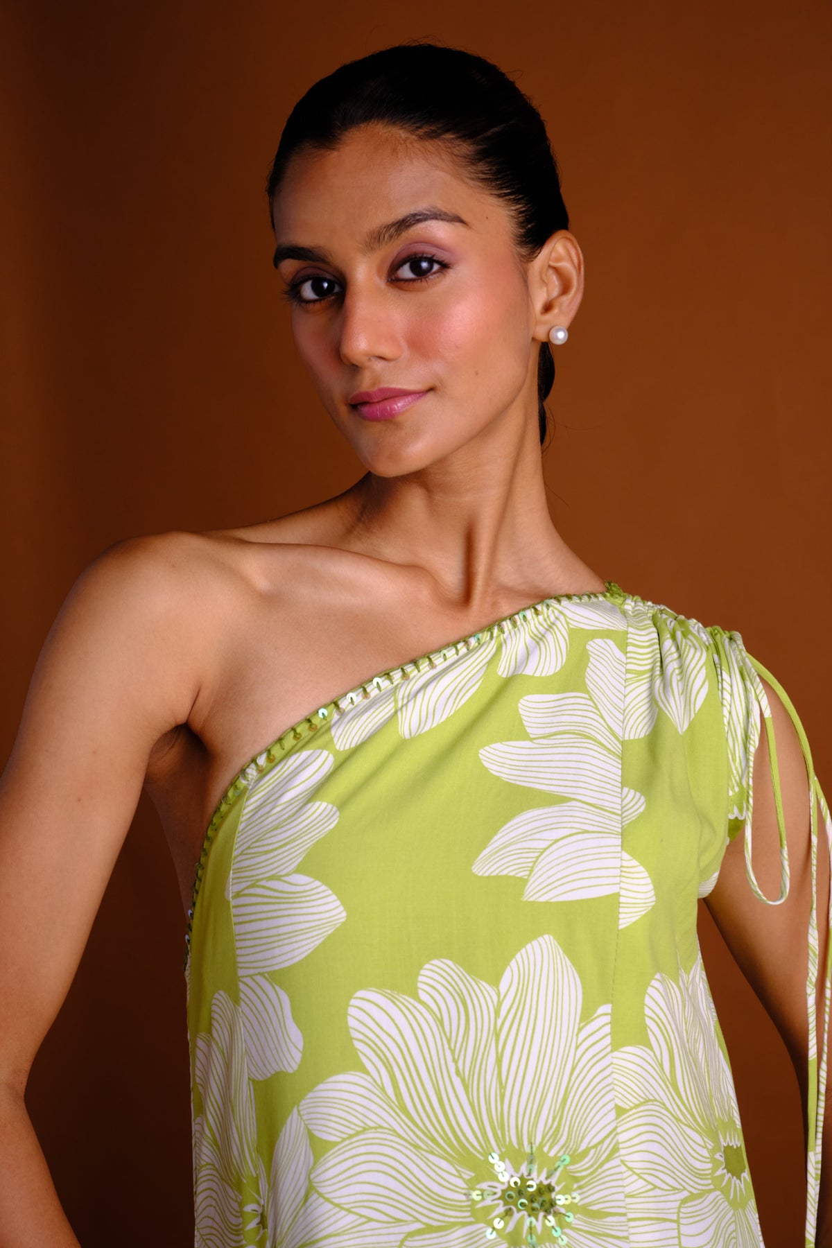 Isabel Dress - Green Embroidered One Shoulder Long Dress