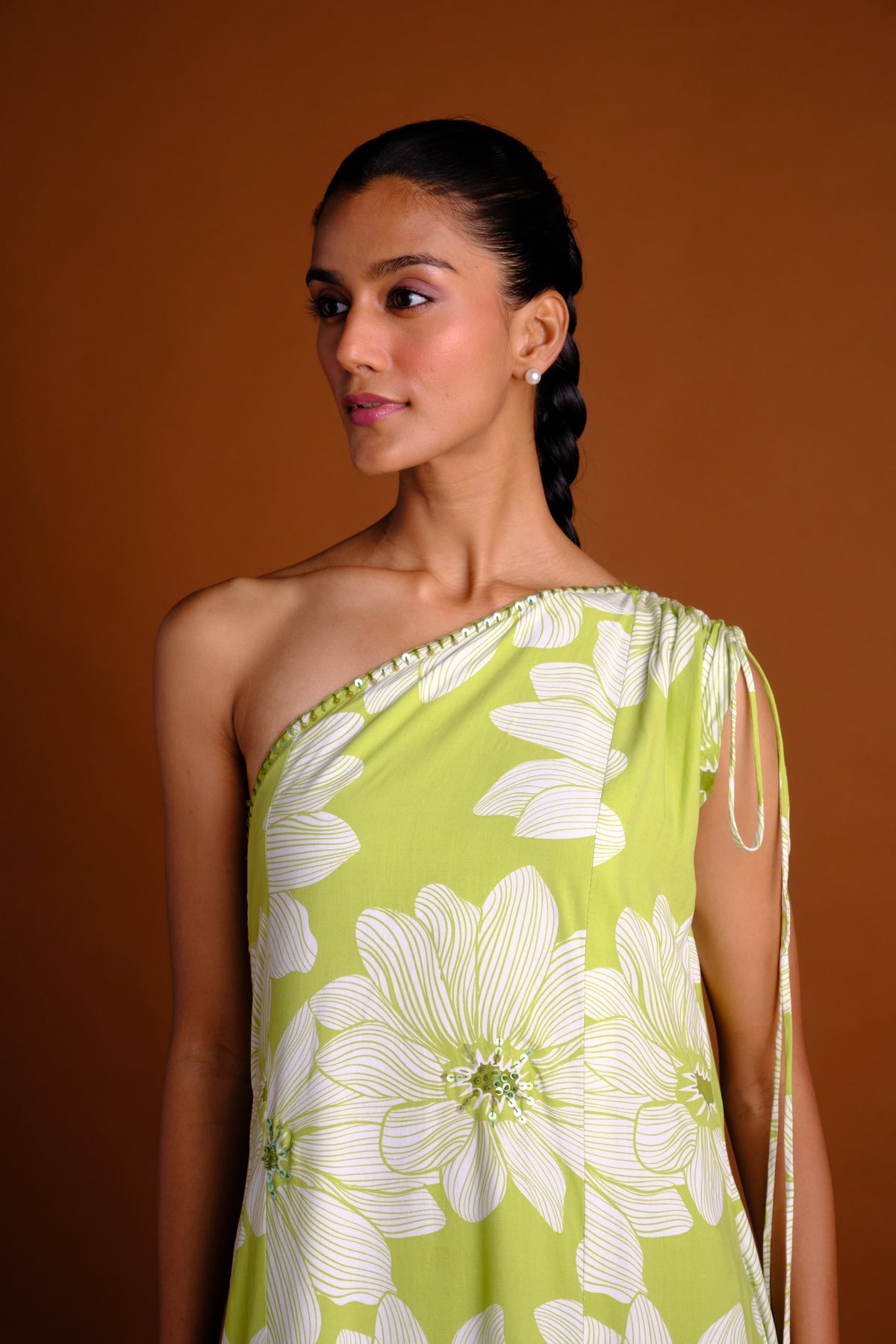 Isabel Dress - Green Embroidered One Shoulder Long Dress