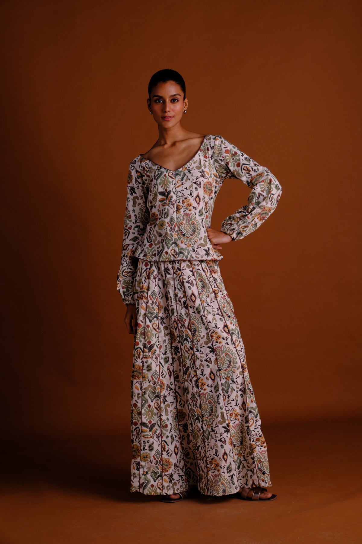 Ivy Skirt Set - Cream Printed Panelled Skirt And Peplum Top Set