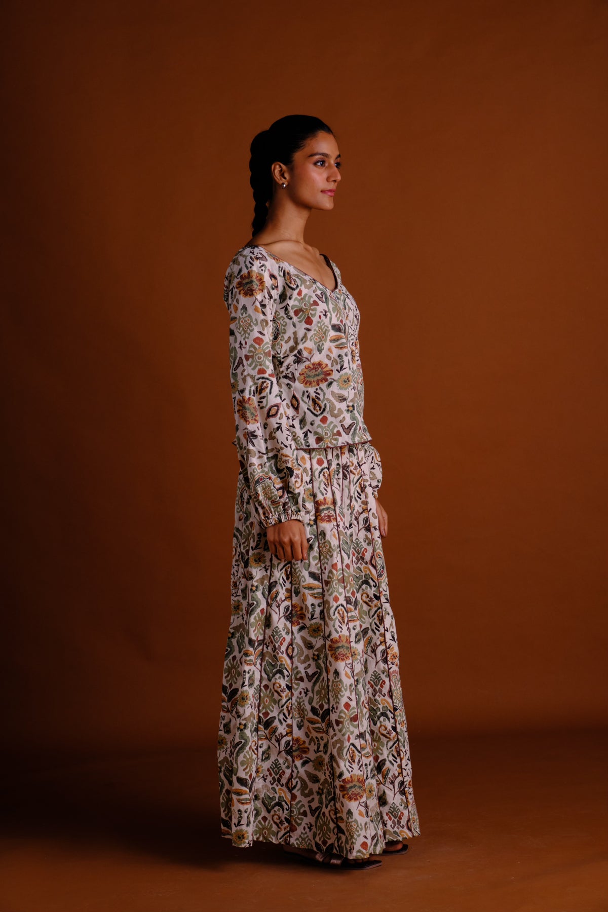 Ivy Skirt Set - Cream Printed Panelled Skirt And Peplum Top Set