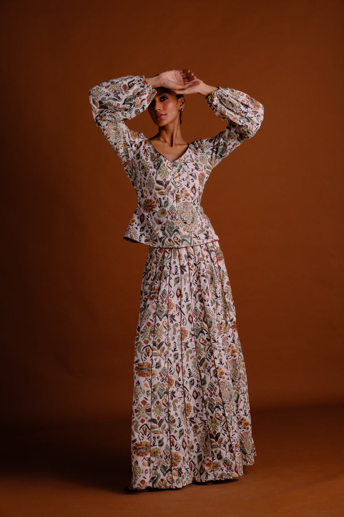 Ivy Skirt Set - Cream Printed Panelled Skirt And Peplum Top Set