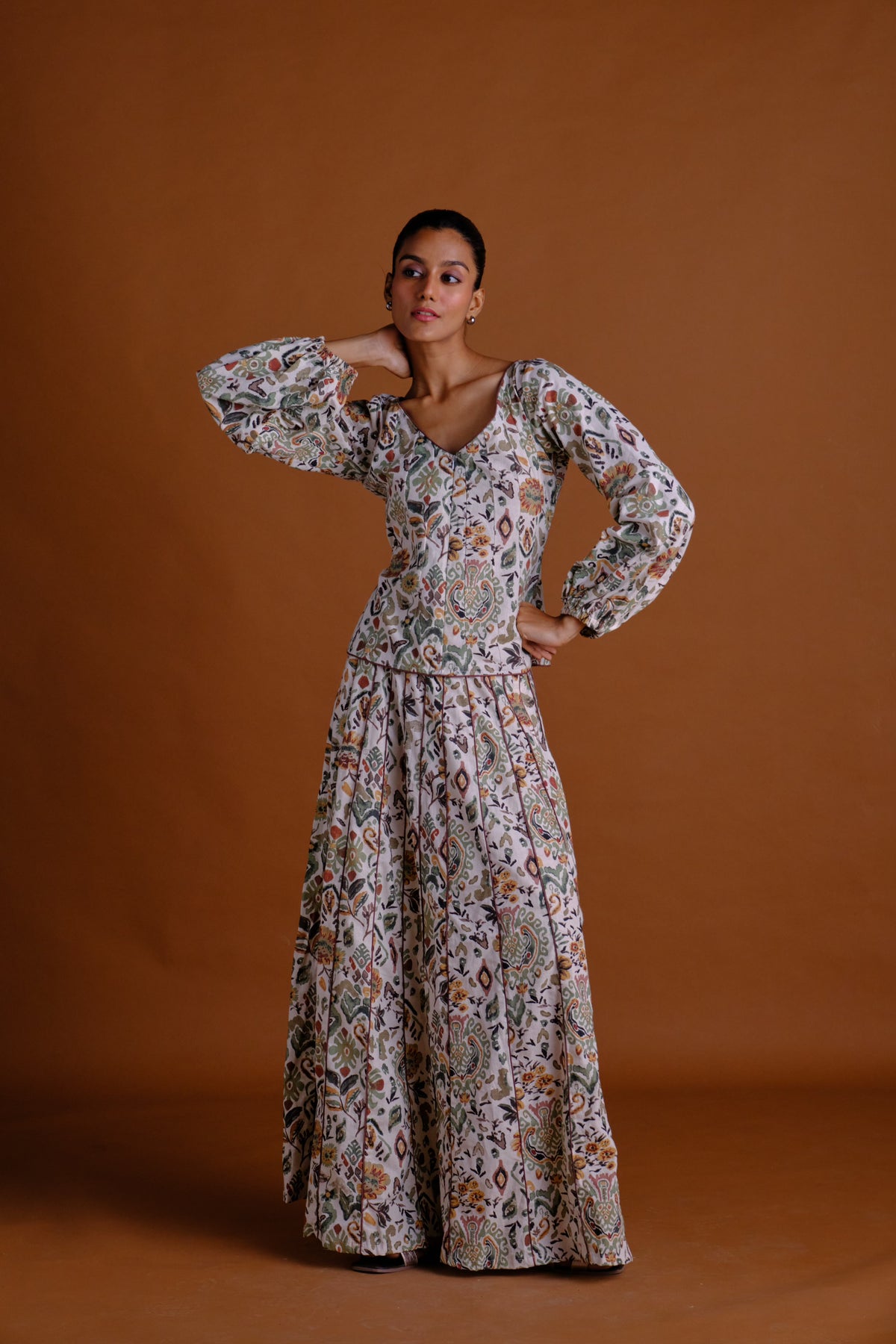 Ivy Skirt Set - Cream Printed Panelled Skirt And Peplum Top Set