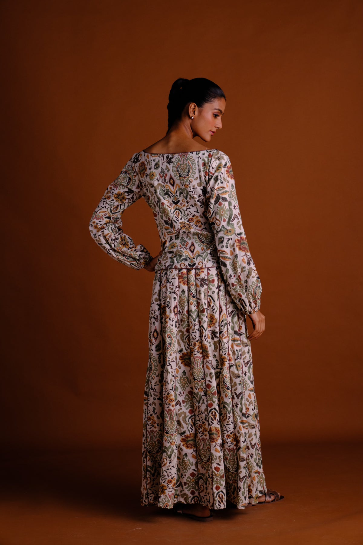 Ivy Skirt Set - Cream Printed Panelled Skirt And Peplum Top Set