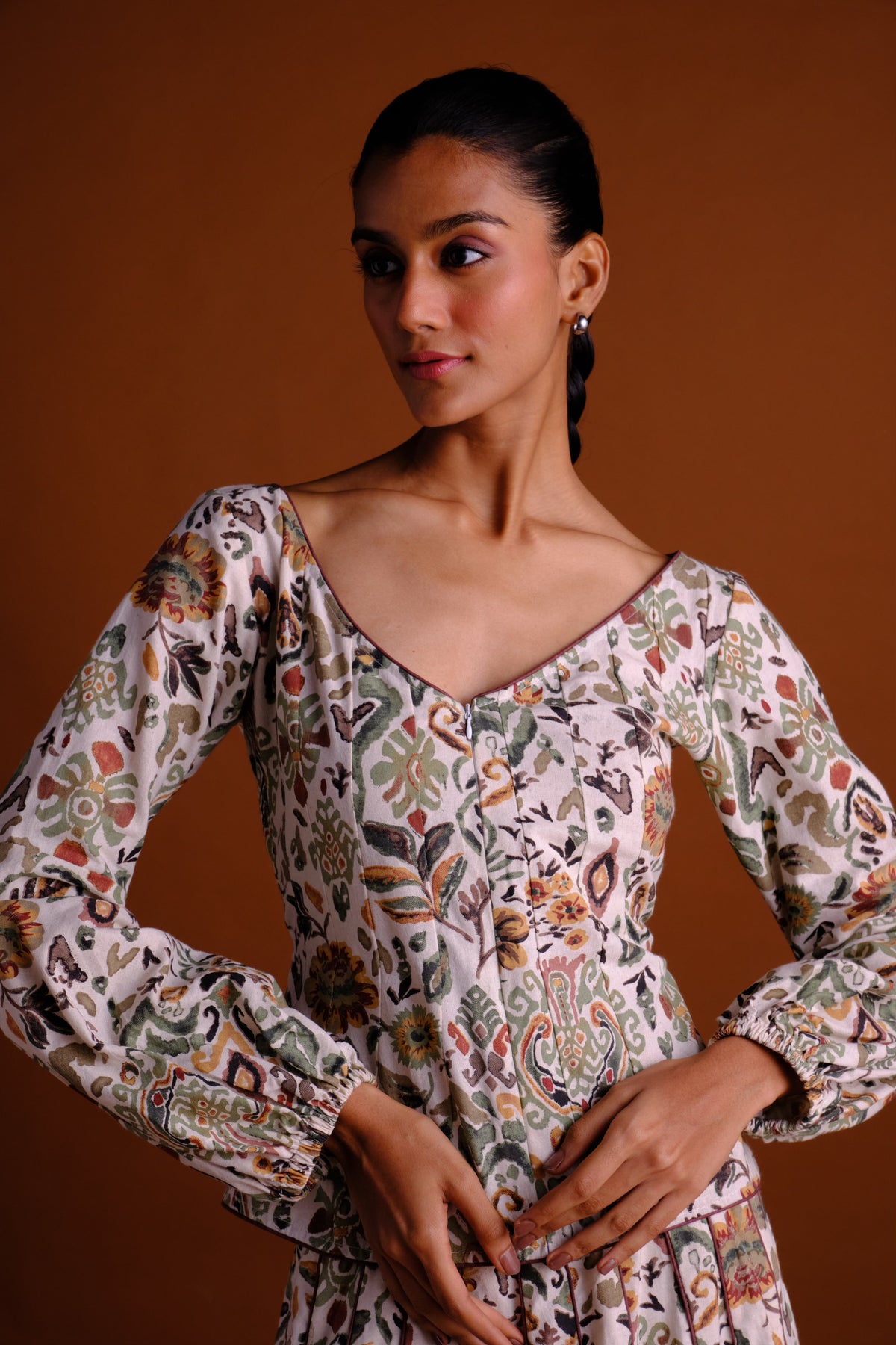 Ivy Skirt Set - Cream Printed Panelled Skirt And Peplum Top Set