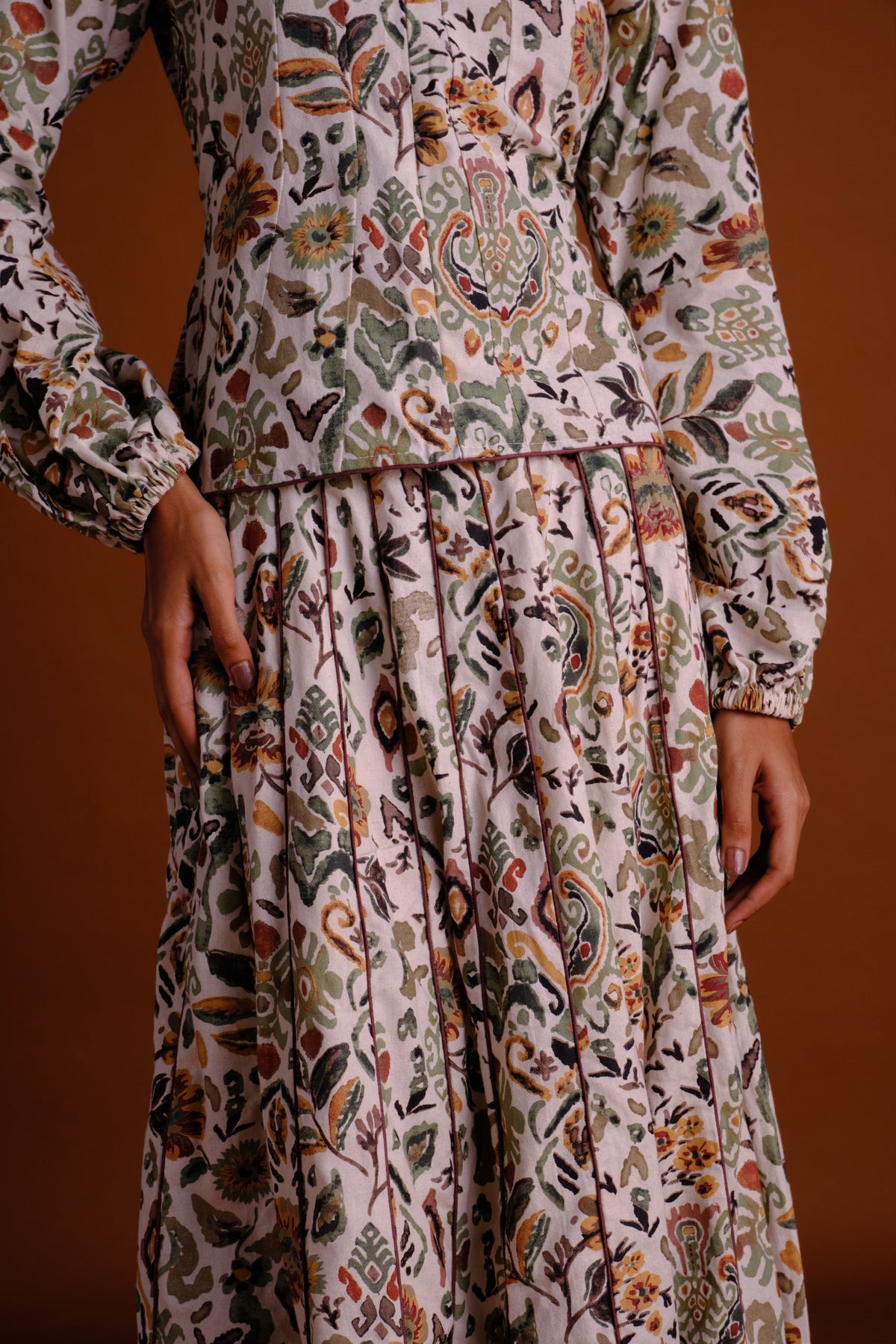 Ivy Skirt Set - Cream Printed Panelled Skirt And Peplum Top Set