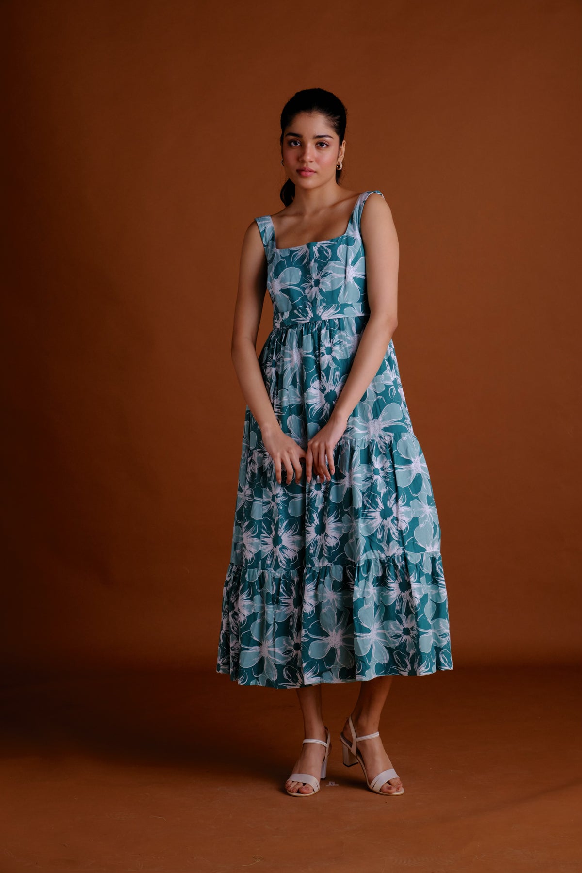 Harper Dress - Green Floral Printed Tiered Midi Dress