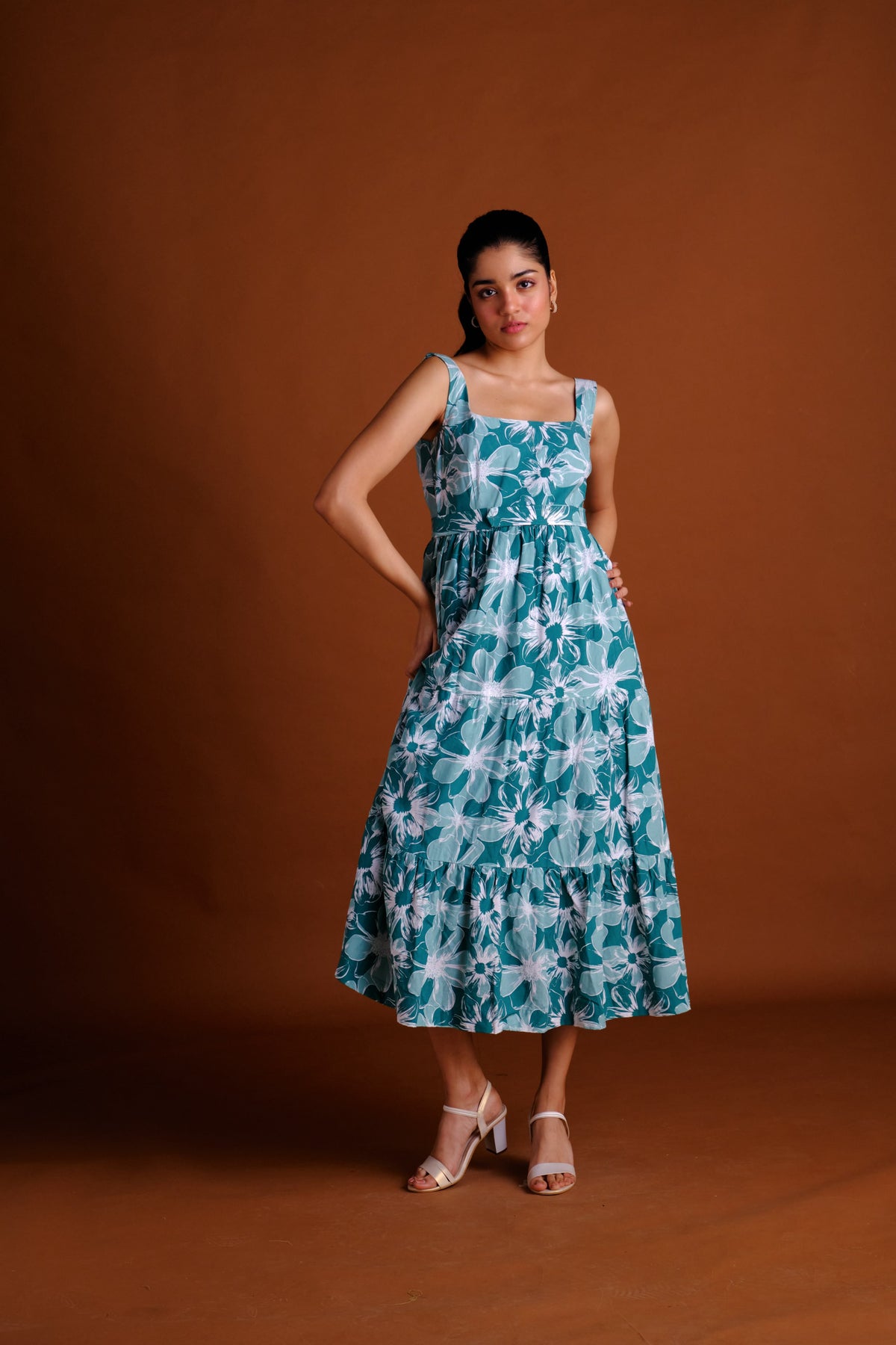 Harper Dress - Green Floral Printed Tiered Midi Dress