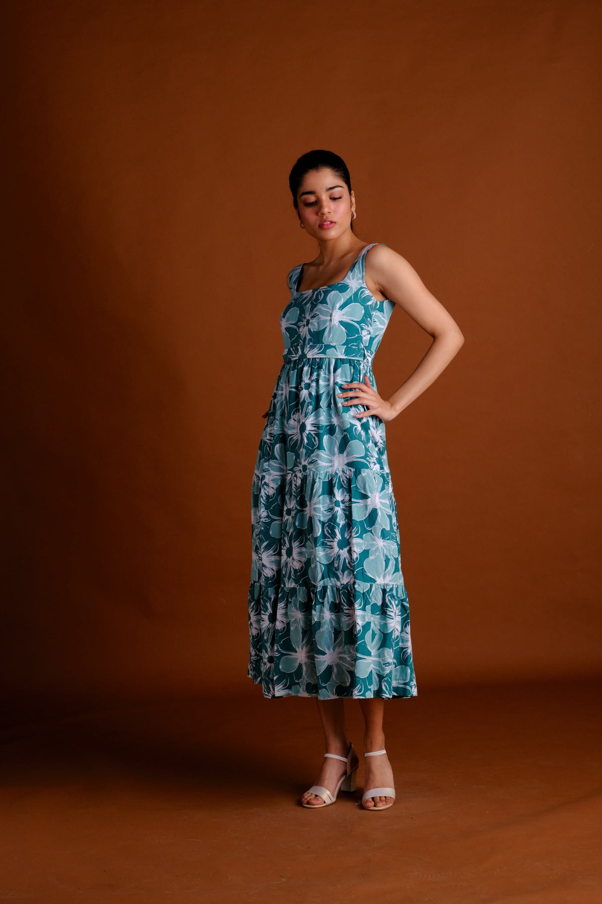 Harper Dress - Green Floral Printed Tiered Midi Dress