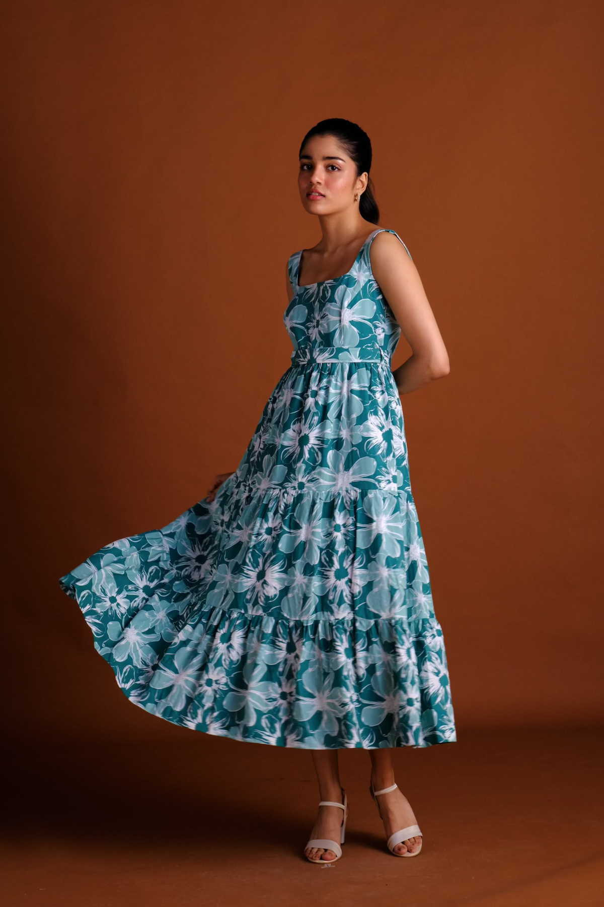 Harper Dress - Green Floral Printed Tiered Midi Dress