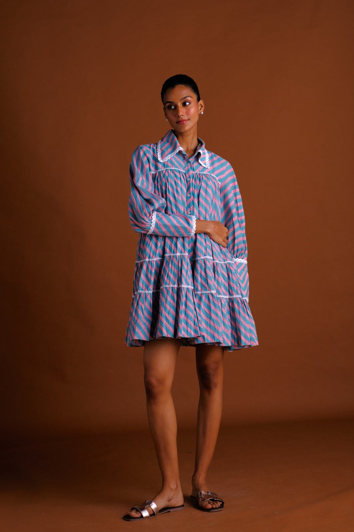 Zoe Dress - Candy Striped Short Flared Tiered Shirt Dress