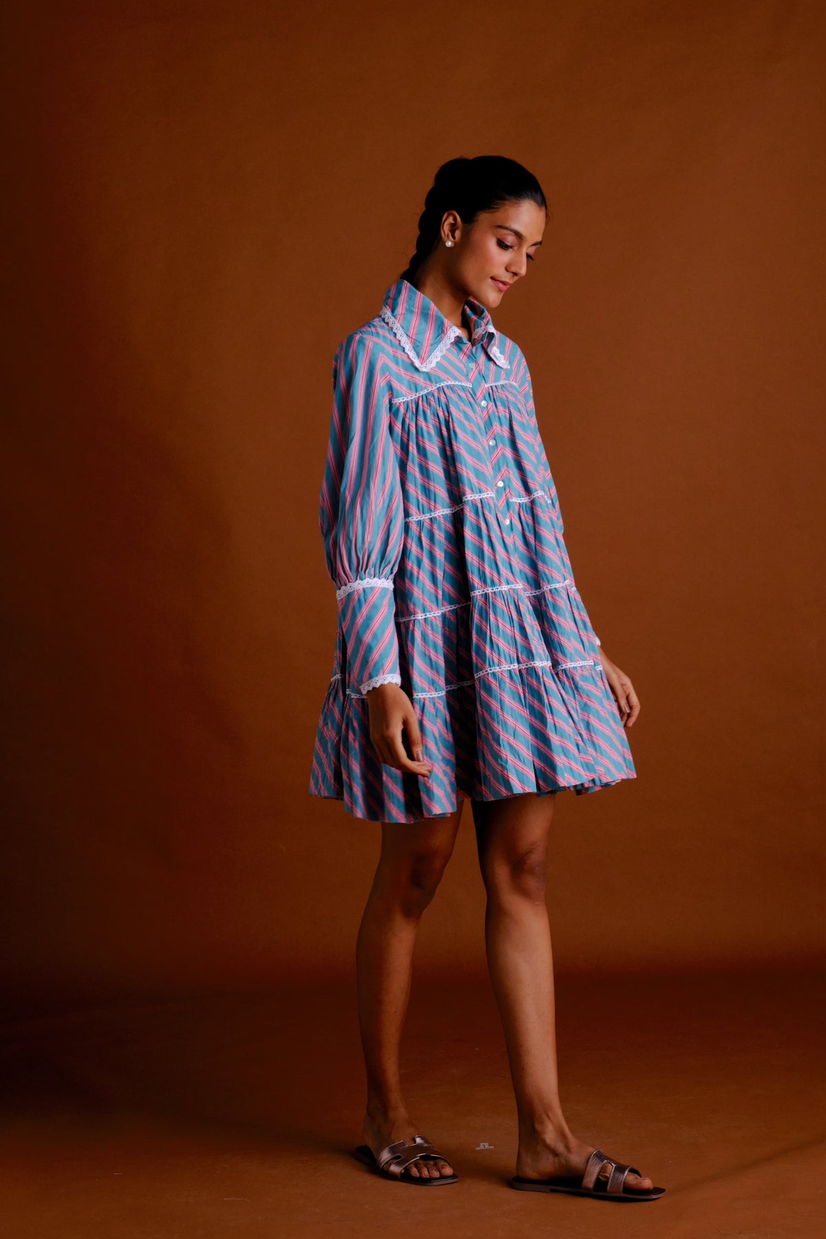 Zoe Dress - Candy Striped Short Flared Tiered Shirt Dress