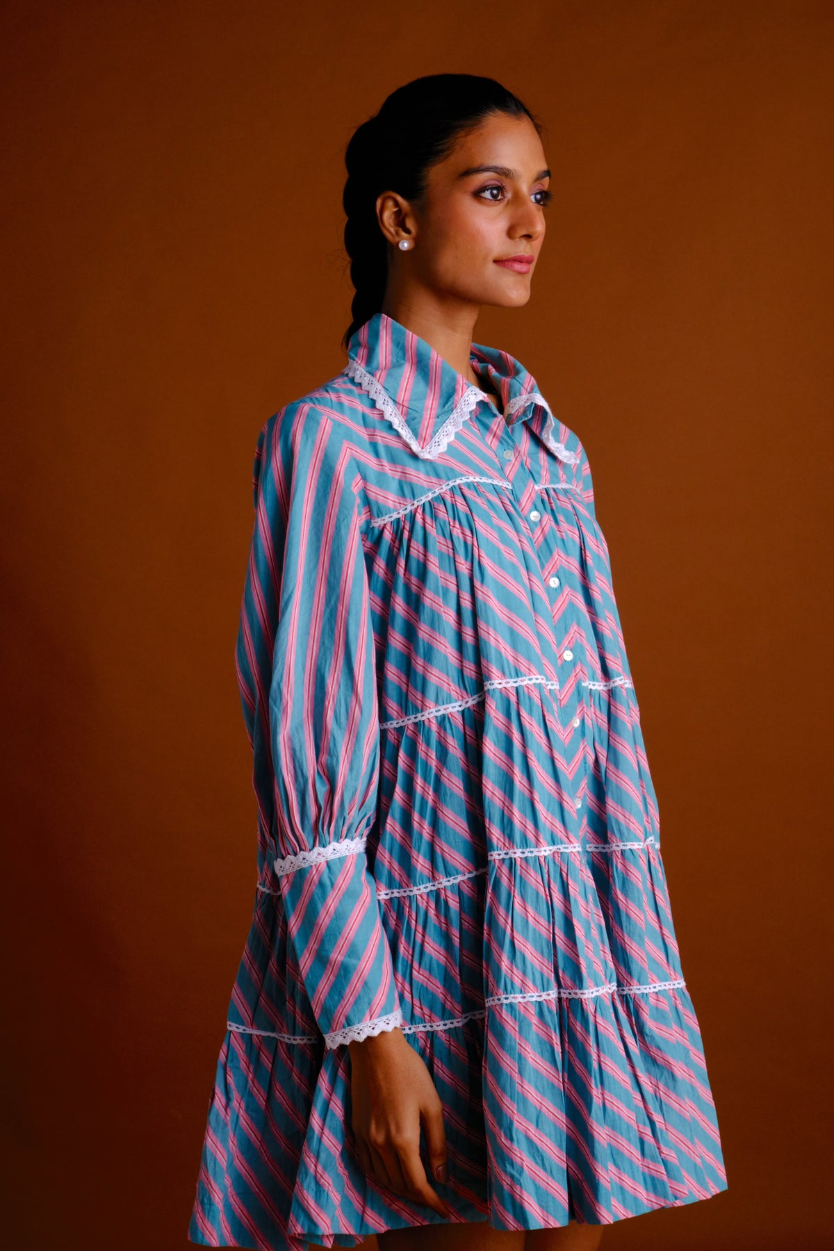 Zoe Dress - Candy Striped Short Flared Tiered Shirt Dress