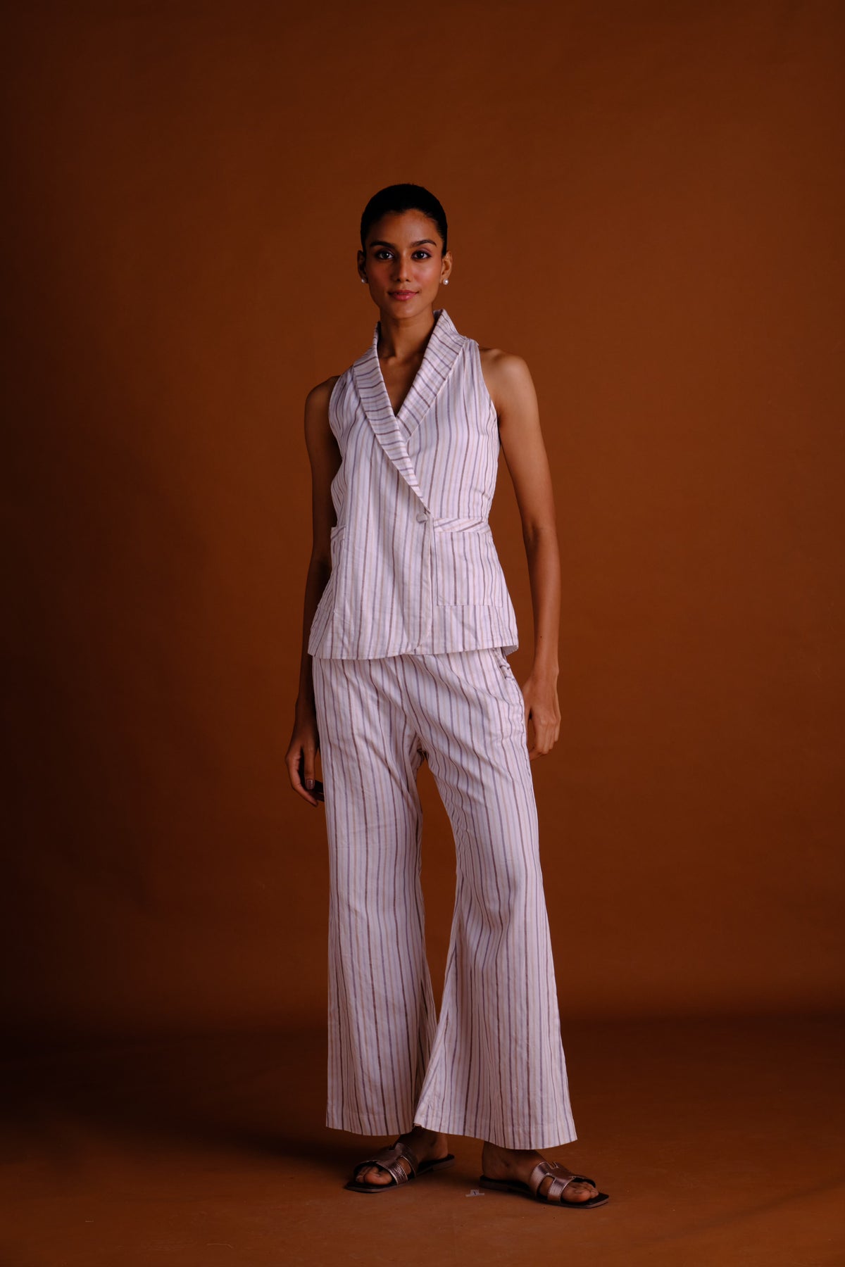 Stella Pant Set - White Striped Vest and Pant Set