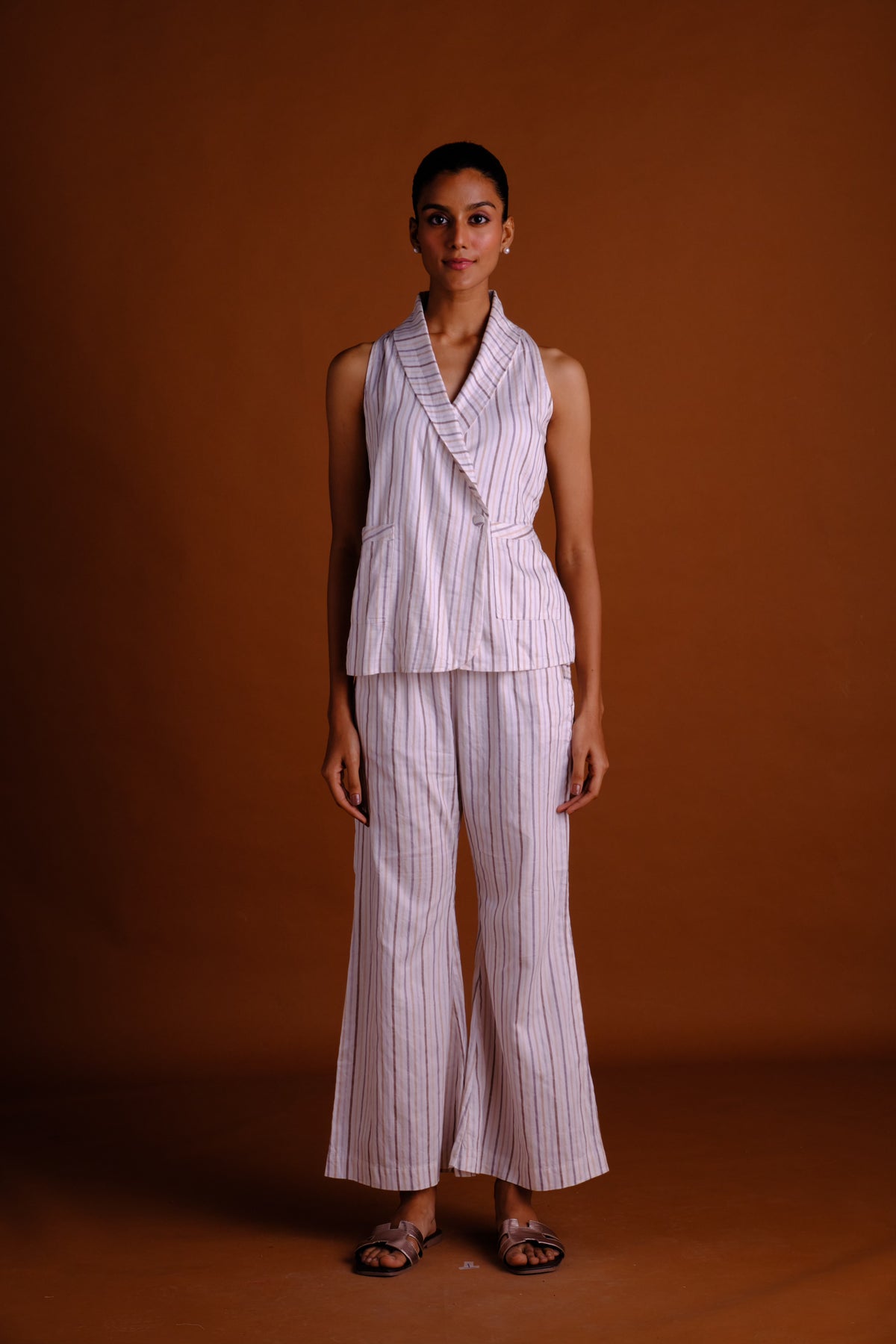 Stella Pant Set - White Striped Vest and Pant Set