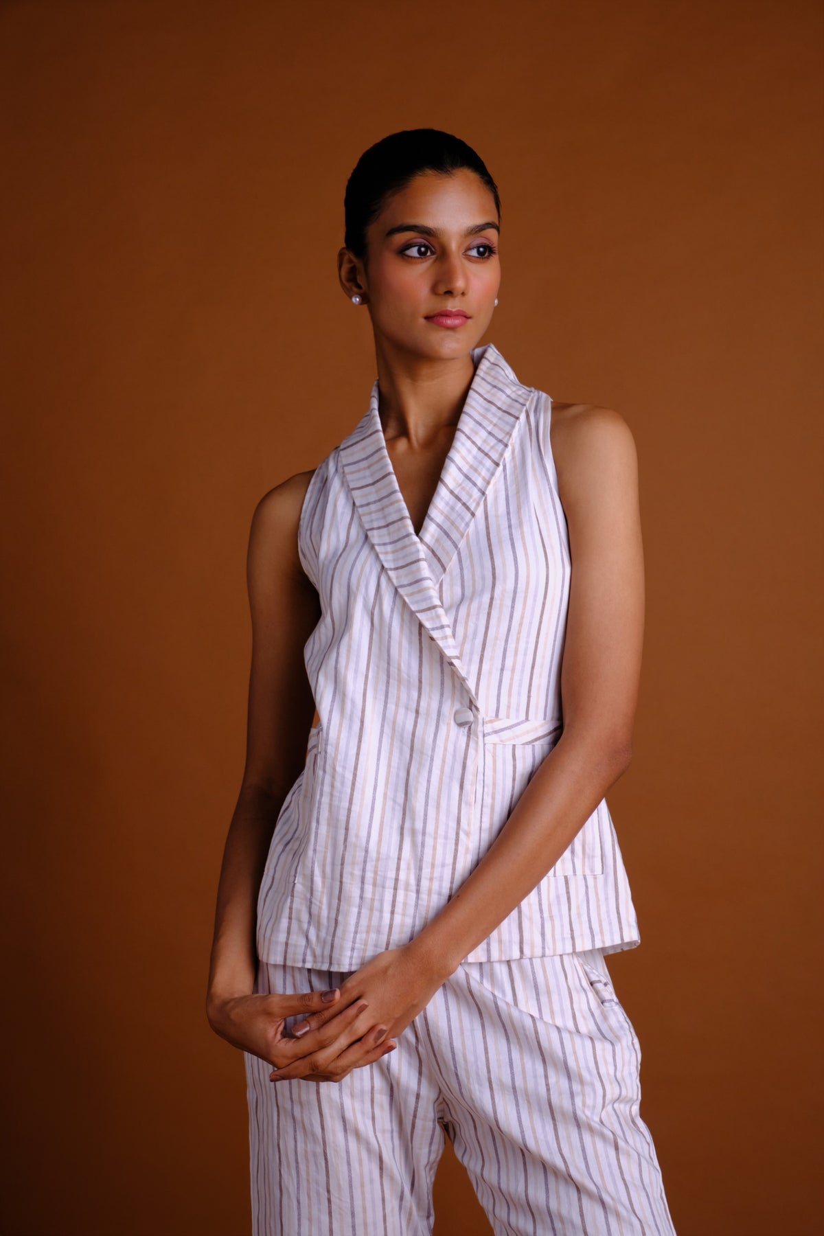 Stella Pant Set - White Striped Vest and Pant Set