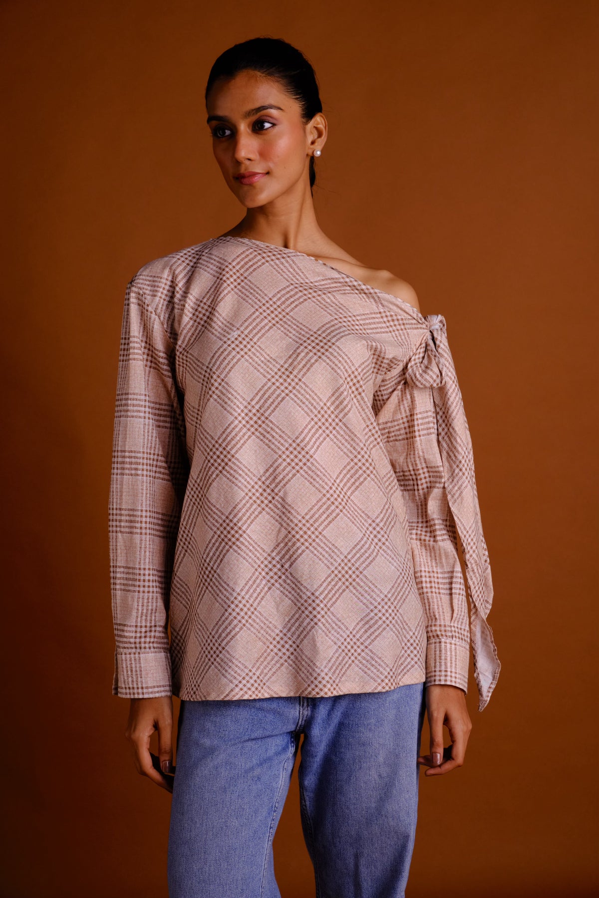 Lena Top - Brown Checkered Print Drop Shoulder Top