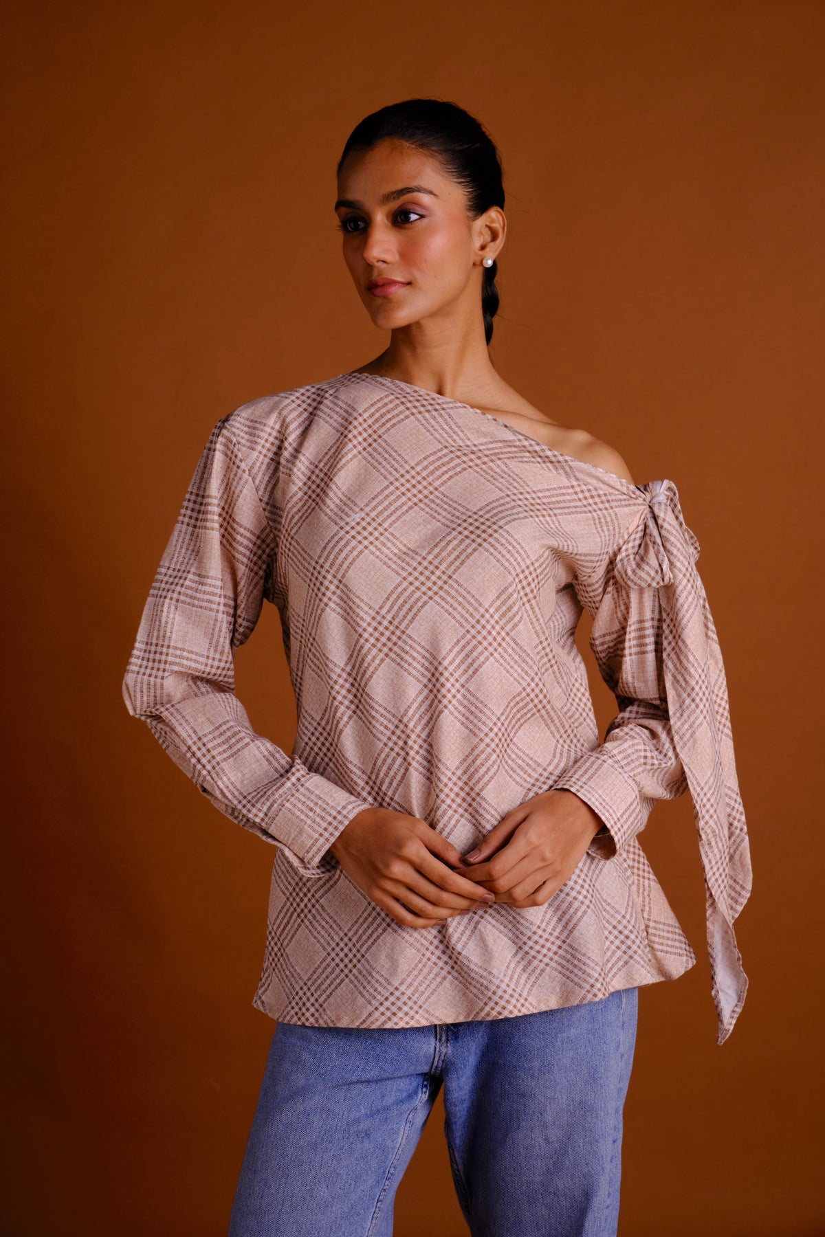 Lena Top - Brown Checkered Print Drop Shoulder Top