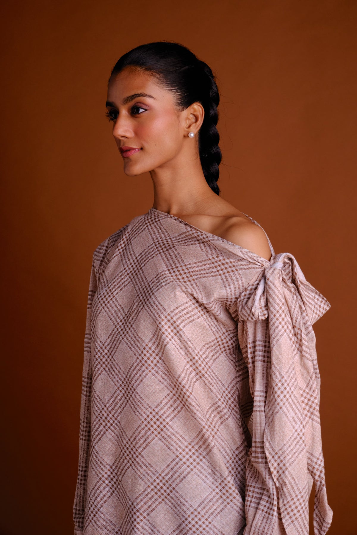 Lena Top - Brown Checkered Print Drop Shoulder Top