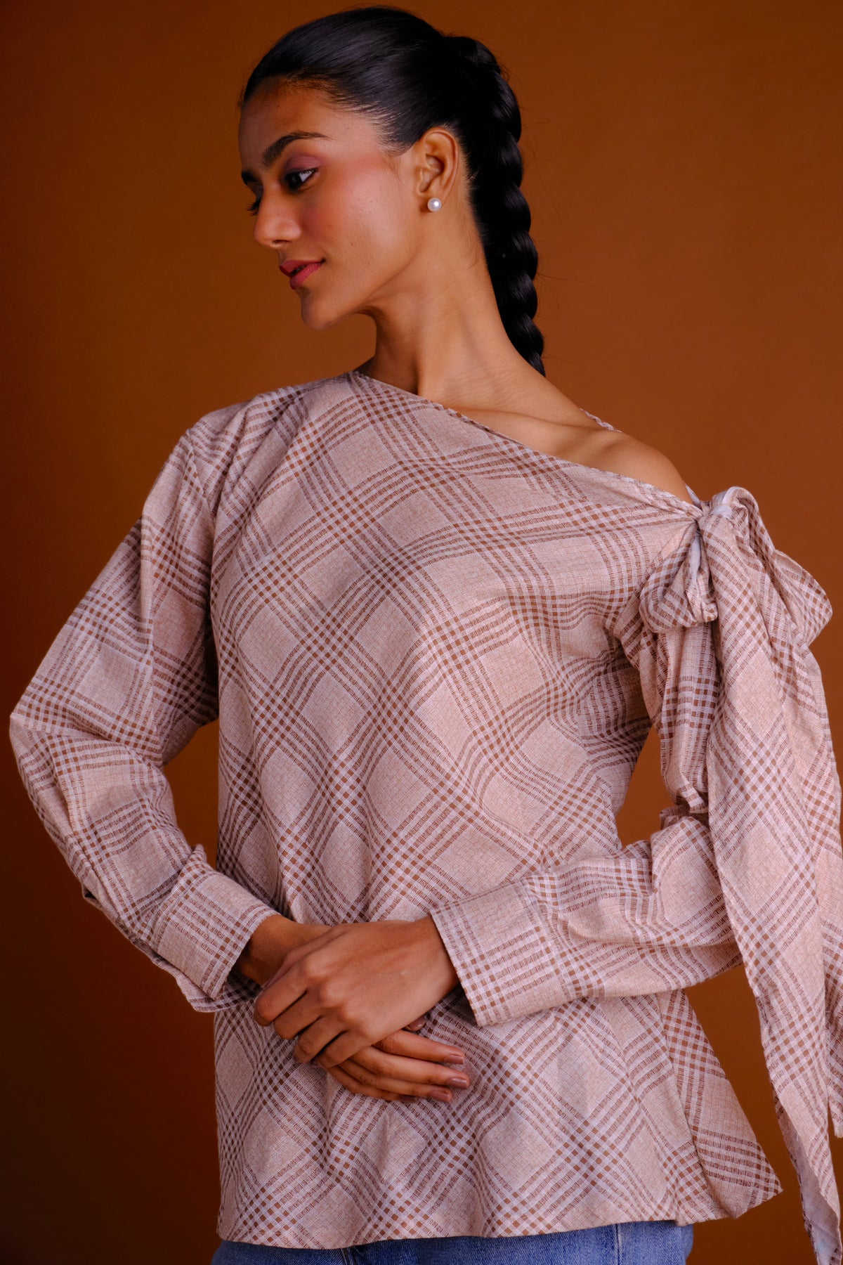 Lena Top - Brown Checkered Print Drop Shoulder Top