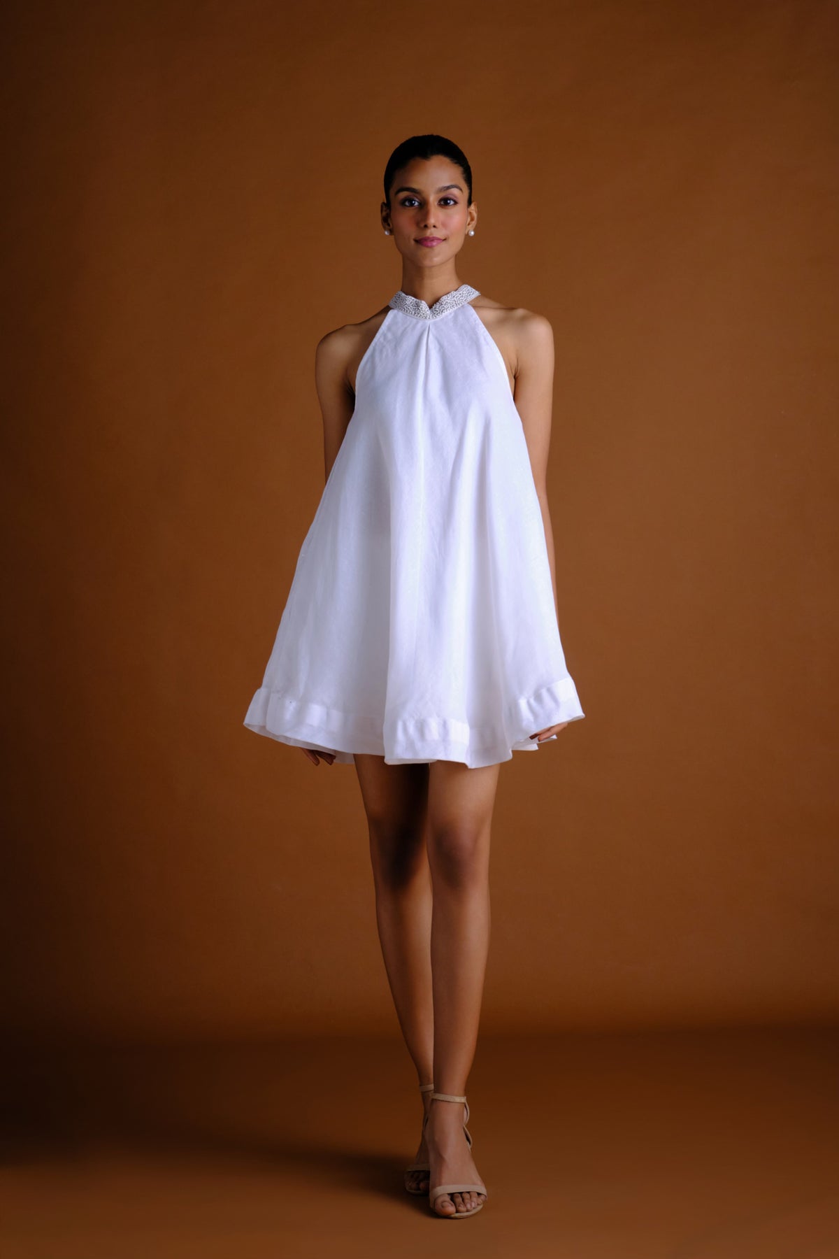 Taylor Dress - White Linen Embroidered Short Dress