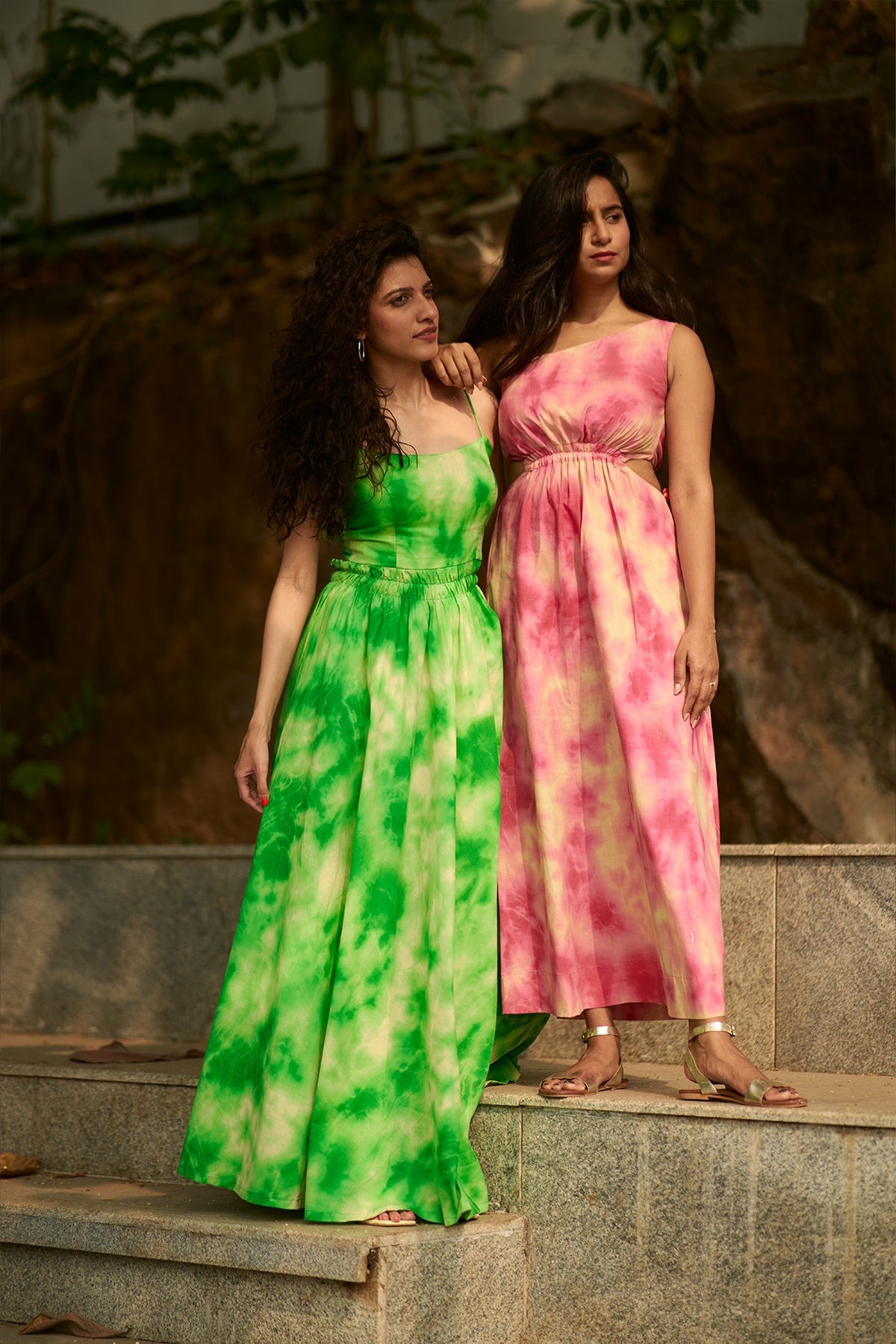 Anahita Dress - Green Tie-Dye Printed Tie-Back Long Flared Dress