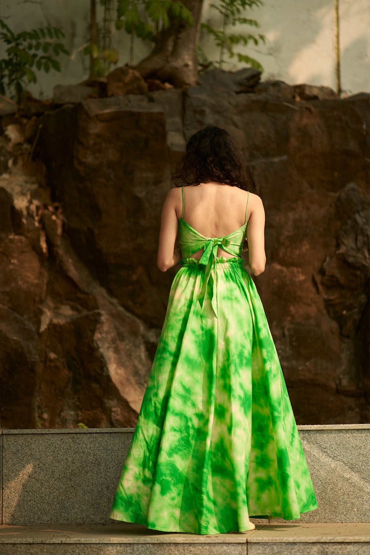 Anahita Dress - Green Tie-Dye Printed Tie-Back Long Flared Dress
