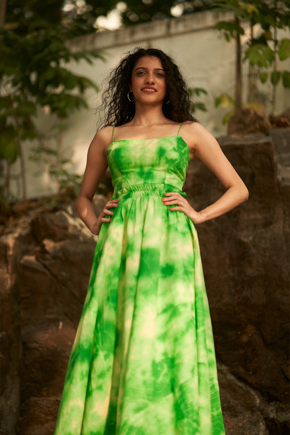 Anahita Dress - Green Tie-Dye Printed Tie-Back Long Flared Dress
