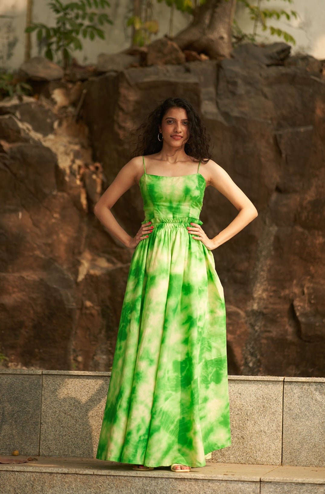 Anahita Dress - Green Tie-Dye Printed Tie-Back Long Flared Dress