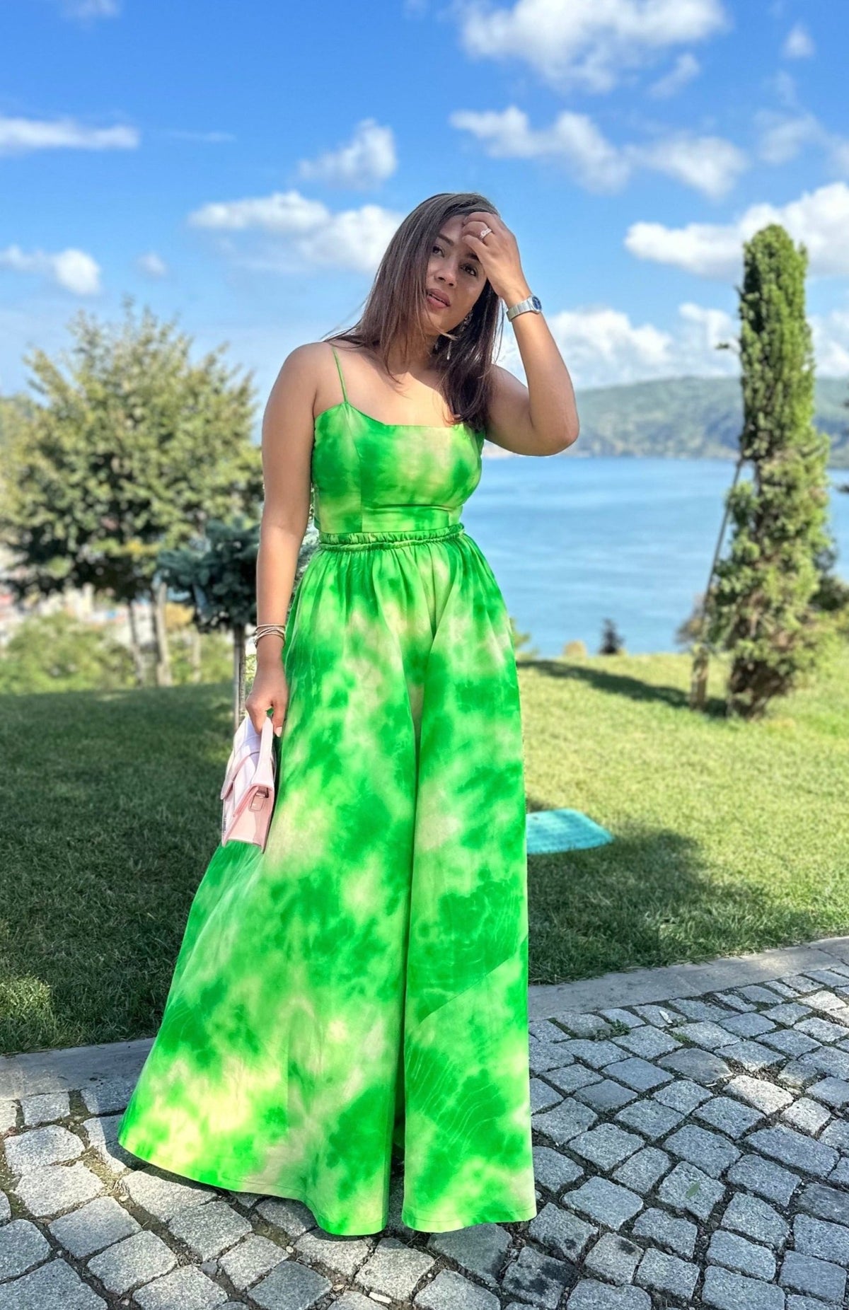 Anahita Dress - Green Tie-Dye Printed Tie-Back Long Flared Dress